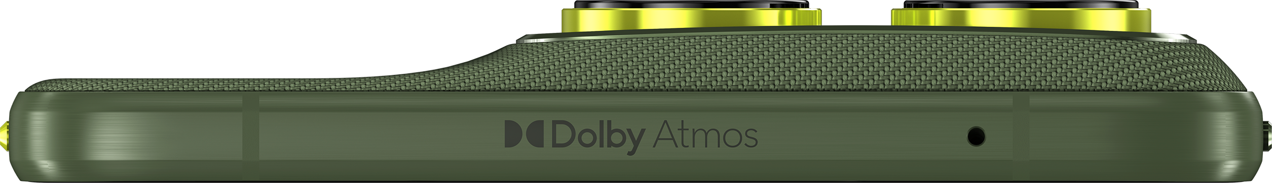 Seitenansicht eines grünen Geräts mit zwei schwarzen und goldenen Zylindern. Es hat eine gewebte Textur und das Dolby Atmos Logo.
