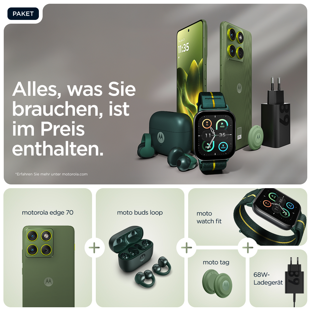 Das Bild zeigt Motorola-Produkte: Telefon, Uhr, Ohrhörer und Ladegerät. Text: 'Alles, was Sie brauchen, ist im Preis enthalten.'
