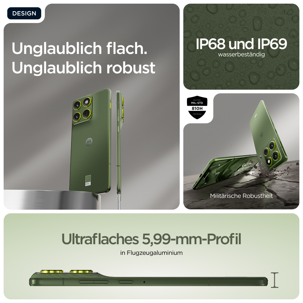 Grünes Telefon mit mehreren Kameras. Text hebt hervor: flaches Design, robust, wasserdicht, Militärstandard und ultradünnes Profil.