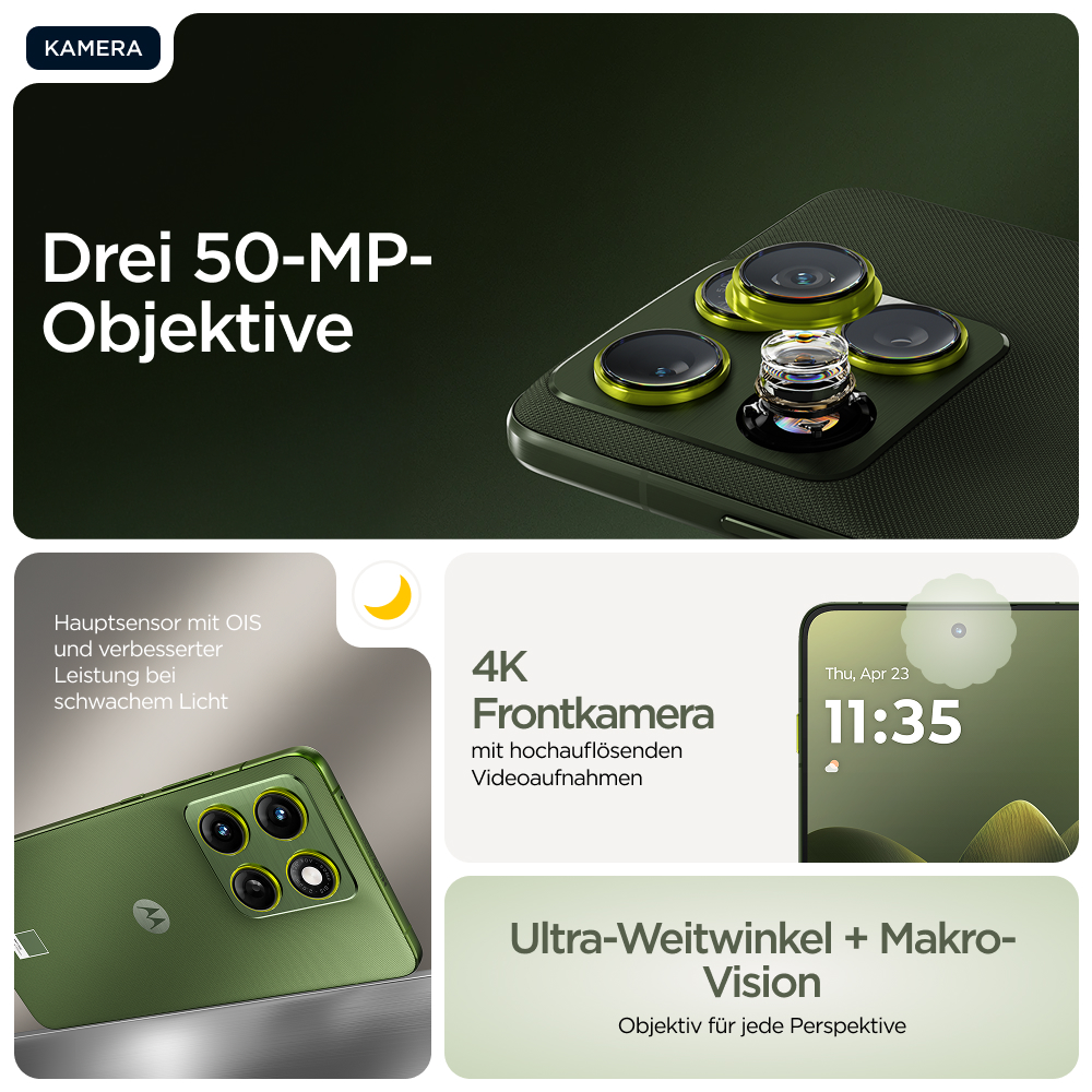 Bild zeigt Smartphone mit drei 50MP-Objektiven. Merkmale sind 4K-Frontkamera und Ultraweitwinkel-Makro-Vision.