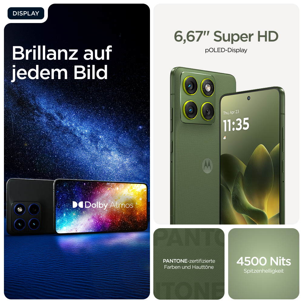 Das Bild zeigt zwei Handys. Eines schwarz, das andere grün. Displays zeigen Dolby Atmos Logo und Uhrzeit. Text: Brillanz, 6,67" Super HD, Pantone-Farben, 4500 Nits.
