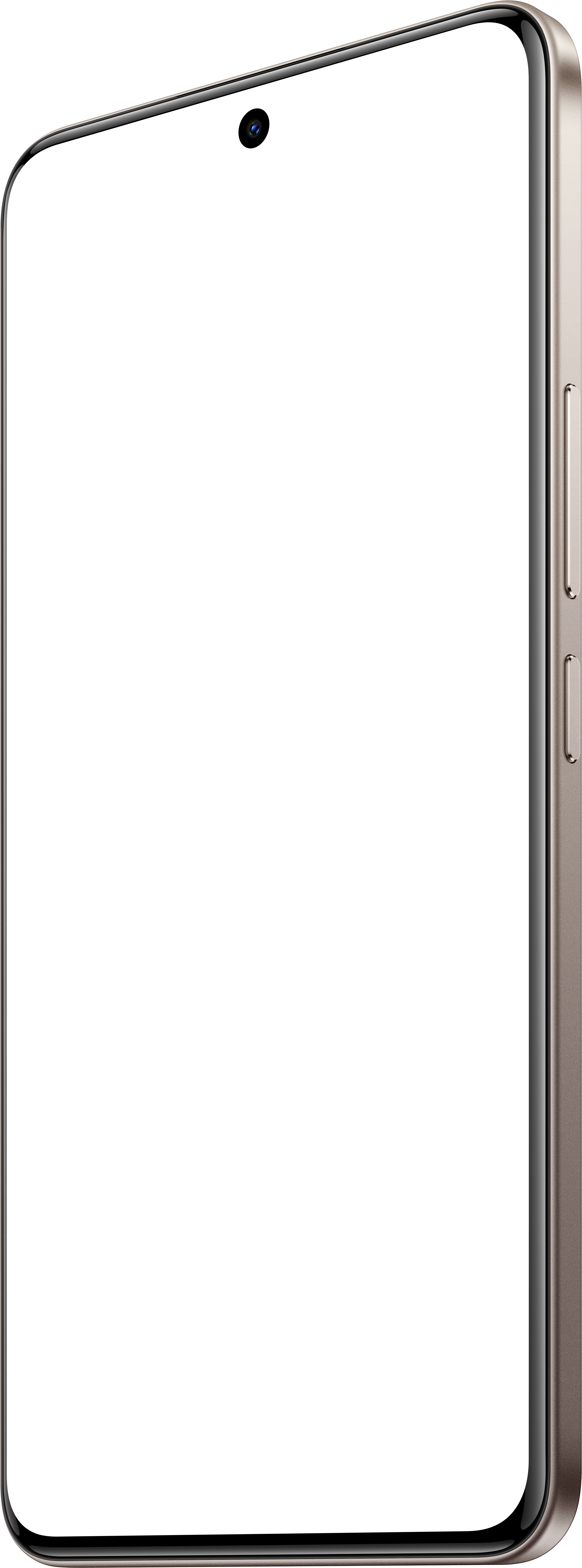 Ein Smartphone mit schwarzem Bildschirm, Seitentasten und einer Kamera oben. Der Rahmen ist goldfarben.