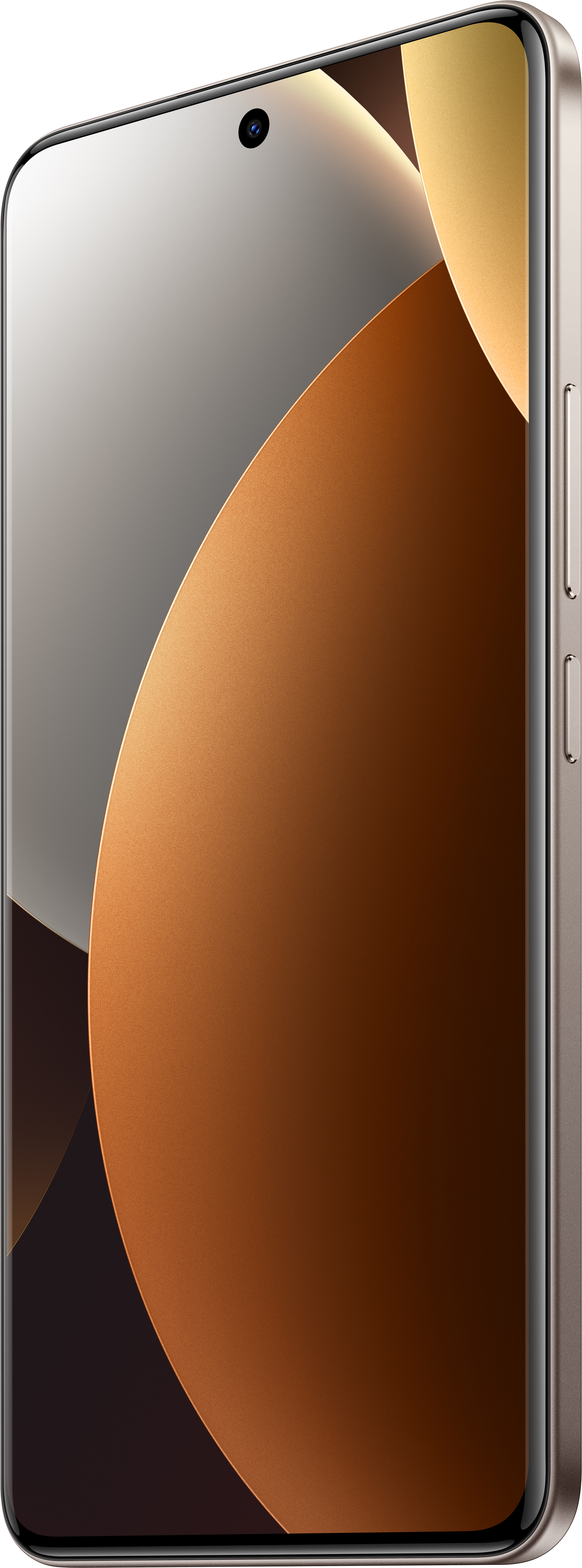 Ein Smartphone mit gebogenem Bildschirm. Der Bildschirm zeigt einen Farbverlauf aus Braun-, Grau- und Goldtönen, mit kleiner Frontkamera.