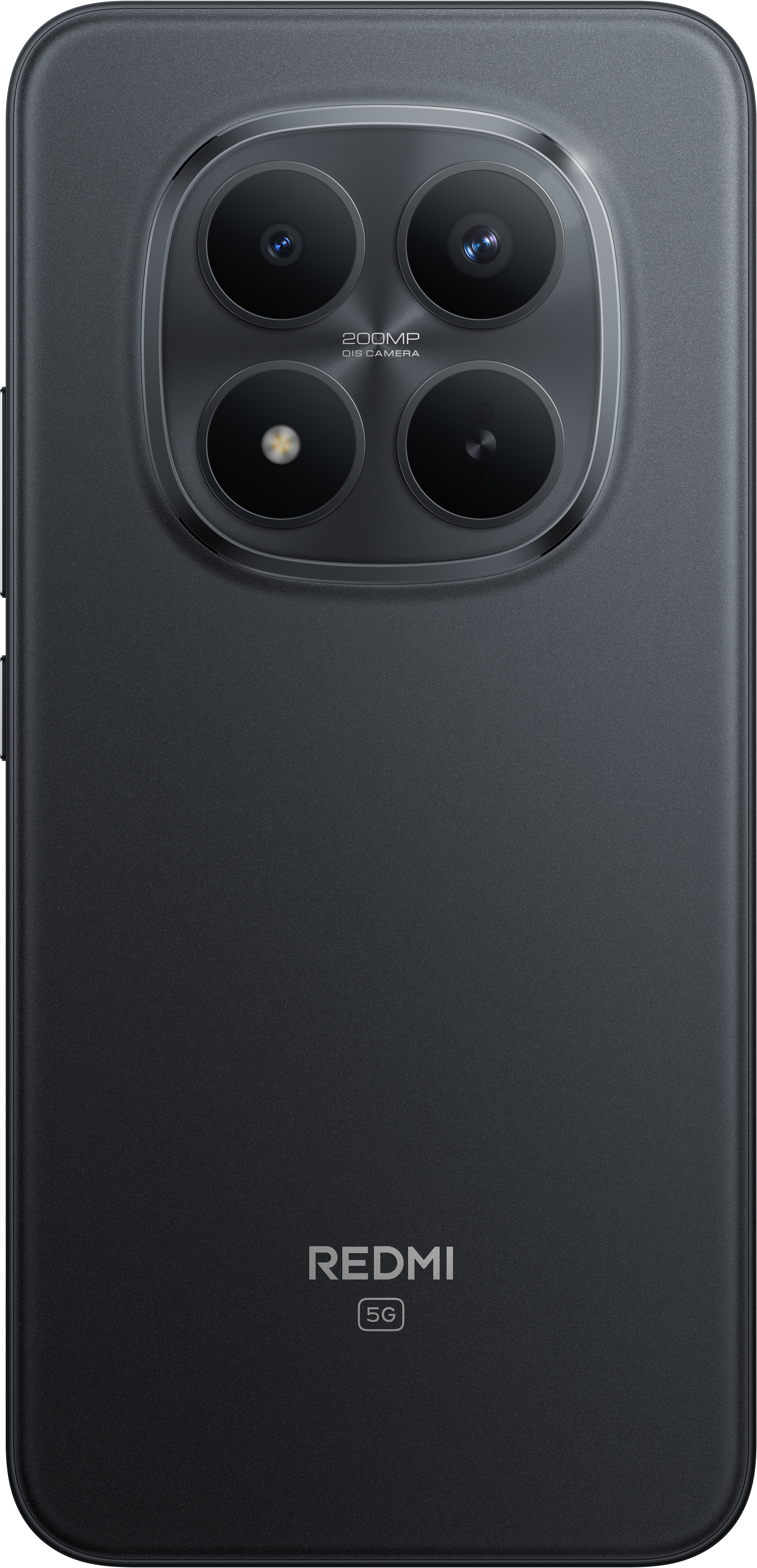 Die Rückseite eines schwarzen Redmi 5G-Telefons. Es hat vier Kameralinsen und das Redmi-Logo ist sichtbar.