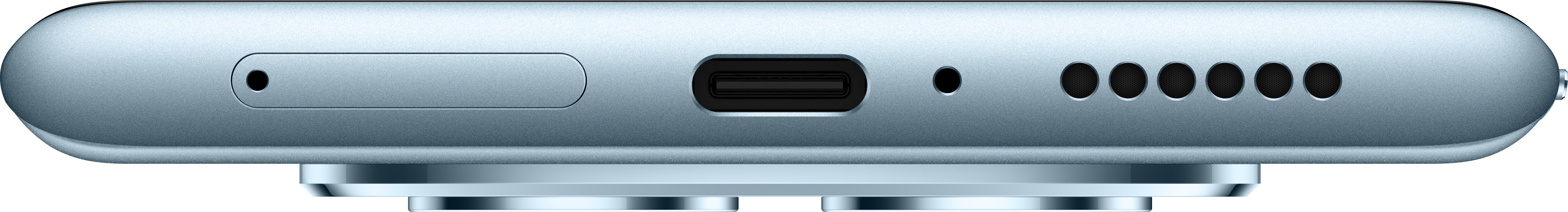 Nahaufnahme der Unterkante eines hellblauen Telefons. Merkmale sind ein SIM-Kartensteckplatz, USB-C-Anschluss und Lautsprecherlöcher.