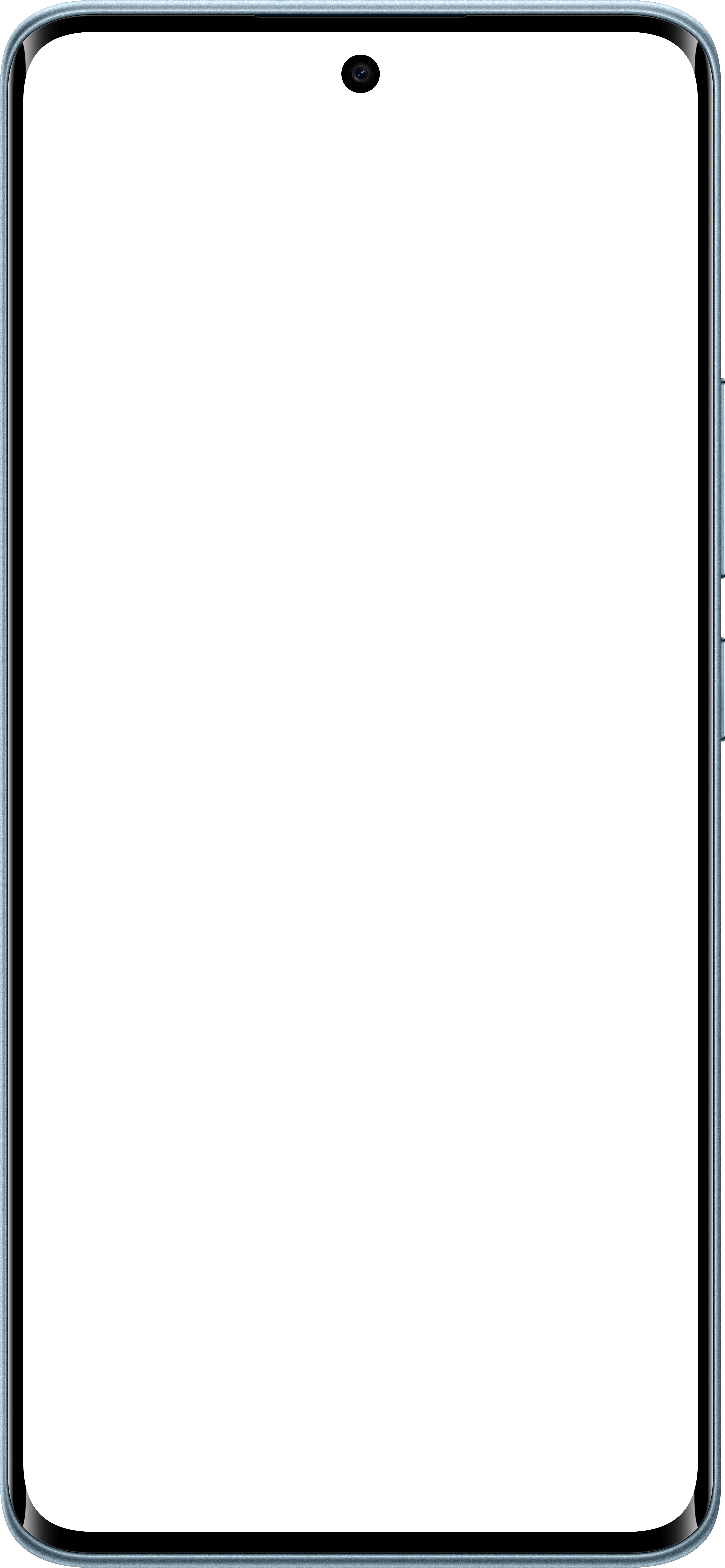 Ein Smartphone mit schwarzem Bildschirm. Es hat eine abgerundete Kante, eine Kamera oben und einen hellblauen Rahmen.