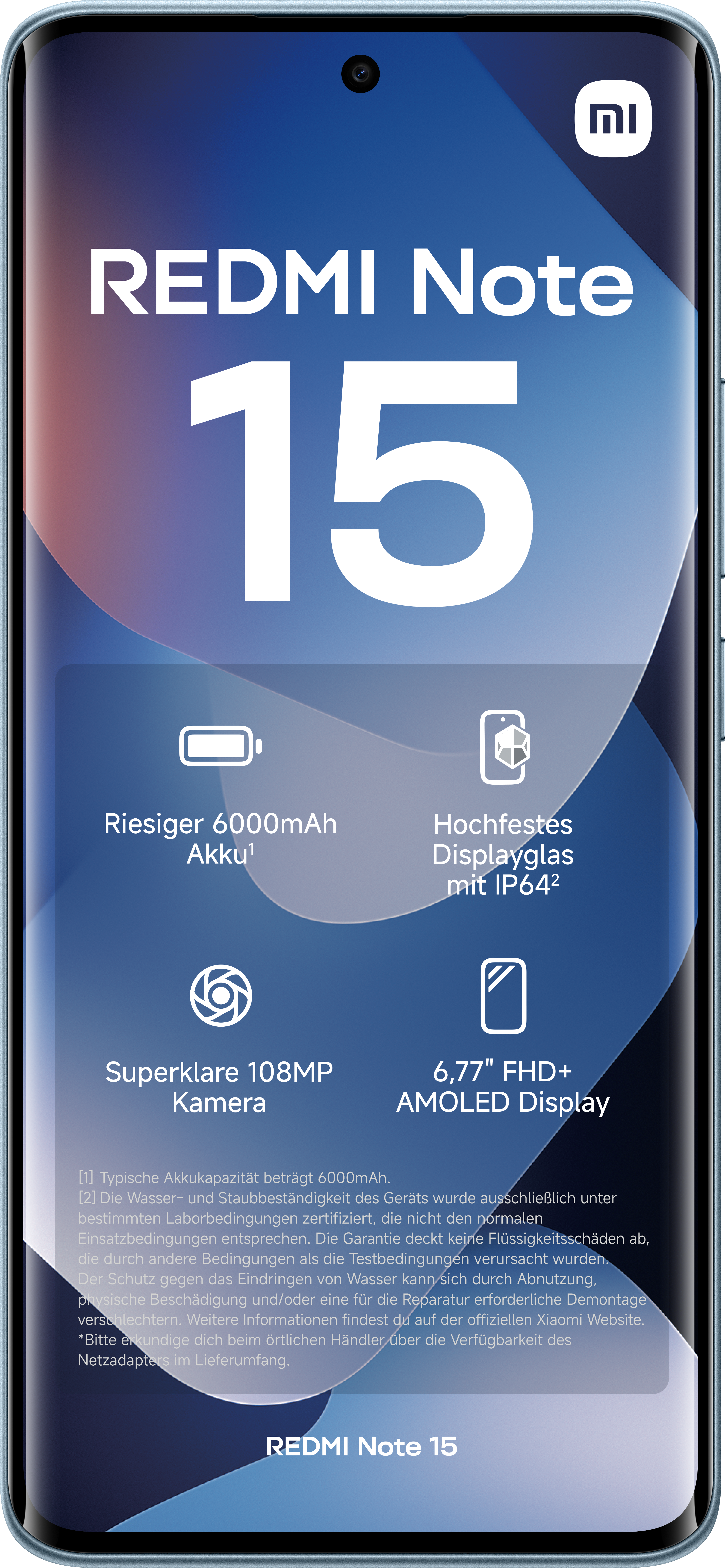Eine Redmi Note 15-Telefonanzeige zeigt das Telefon, Akku, Display und Kamera-Spezifikationen. Es ist blau und weiß.