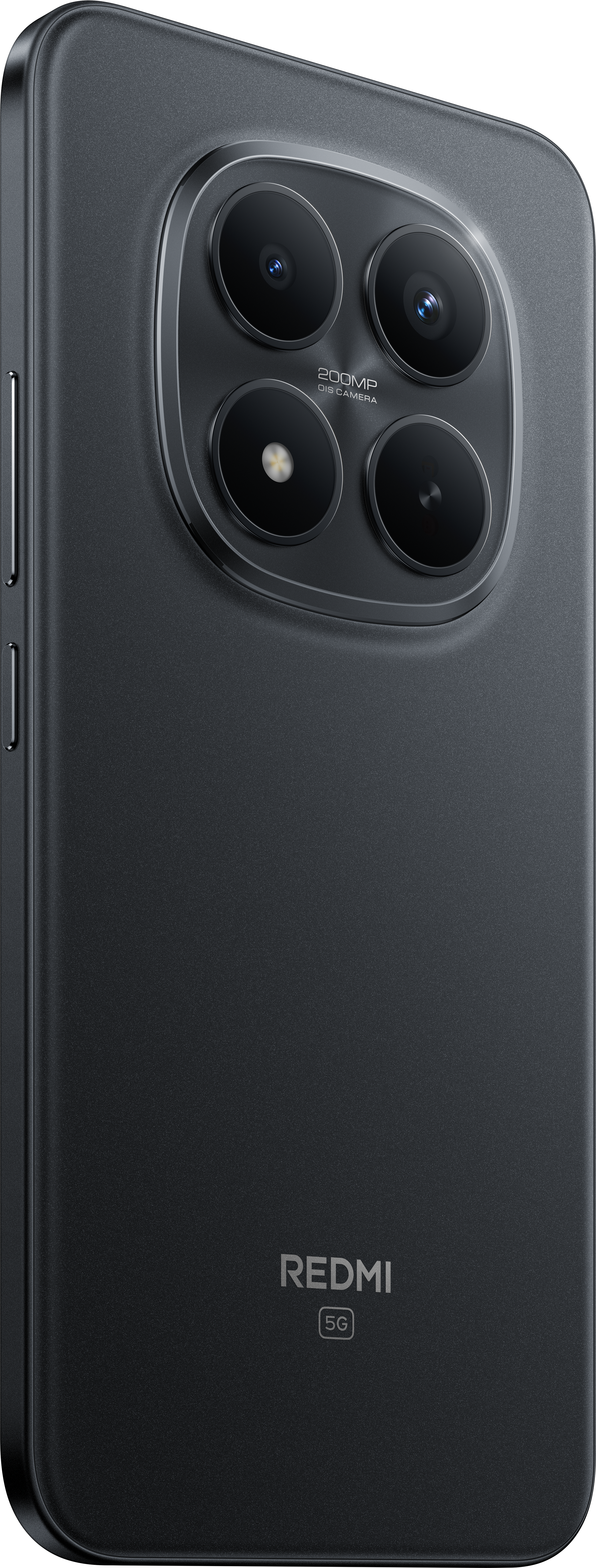 Schwarze Smartphone-Rückseite mit vier Kameralinsen. Das Logo 'REDMI 5G' befindet sich unten. Das Telefon hat ein mattes Finish.