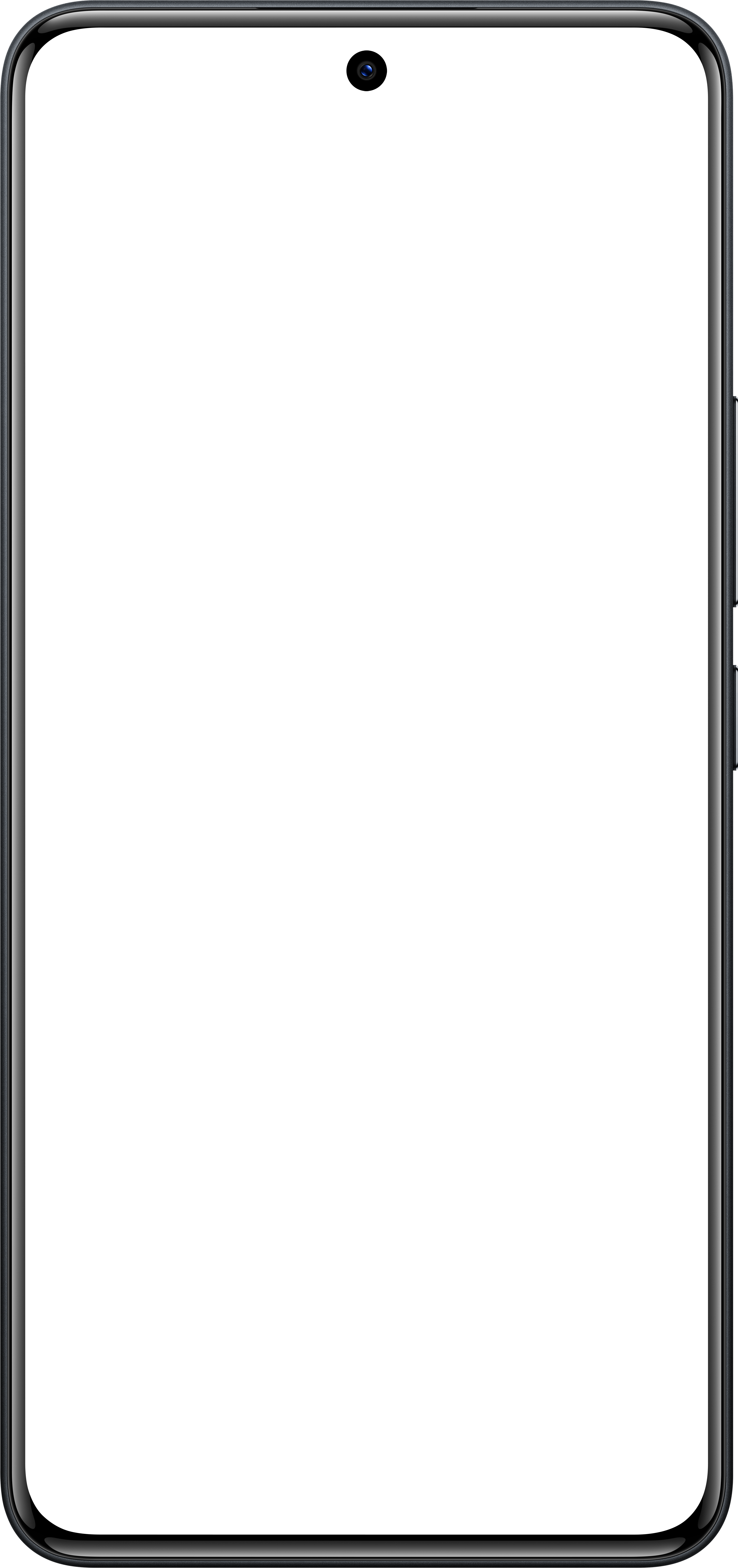 Ein schwarzes Smartphone mit abgerundeten Ecken. Der Bildschirm ist schwarz. Oben in der Mitte ist eine Kamera sichtbar.