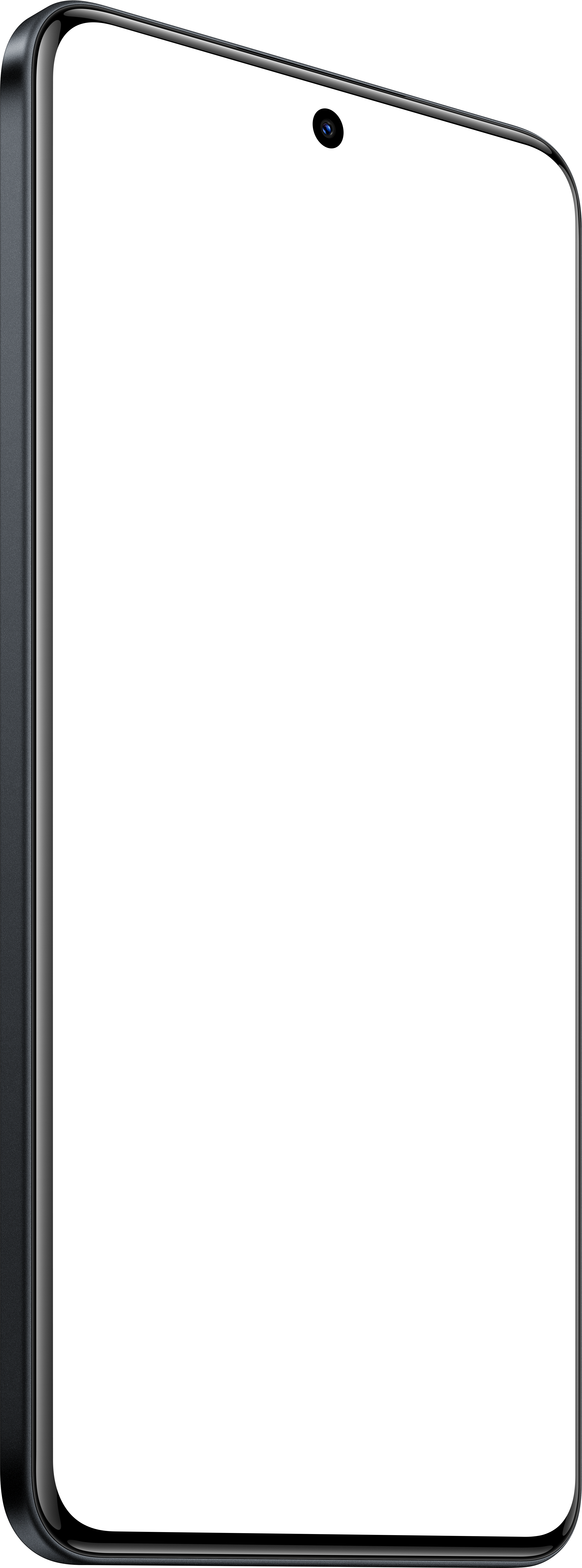 Nahaufnahme eines schwarzen Smartphones, das den Bildschirm, die Kamera und die Seite zeigt. Der Bildschirm ist schwarz.