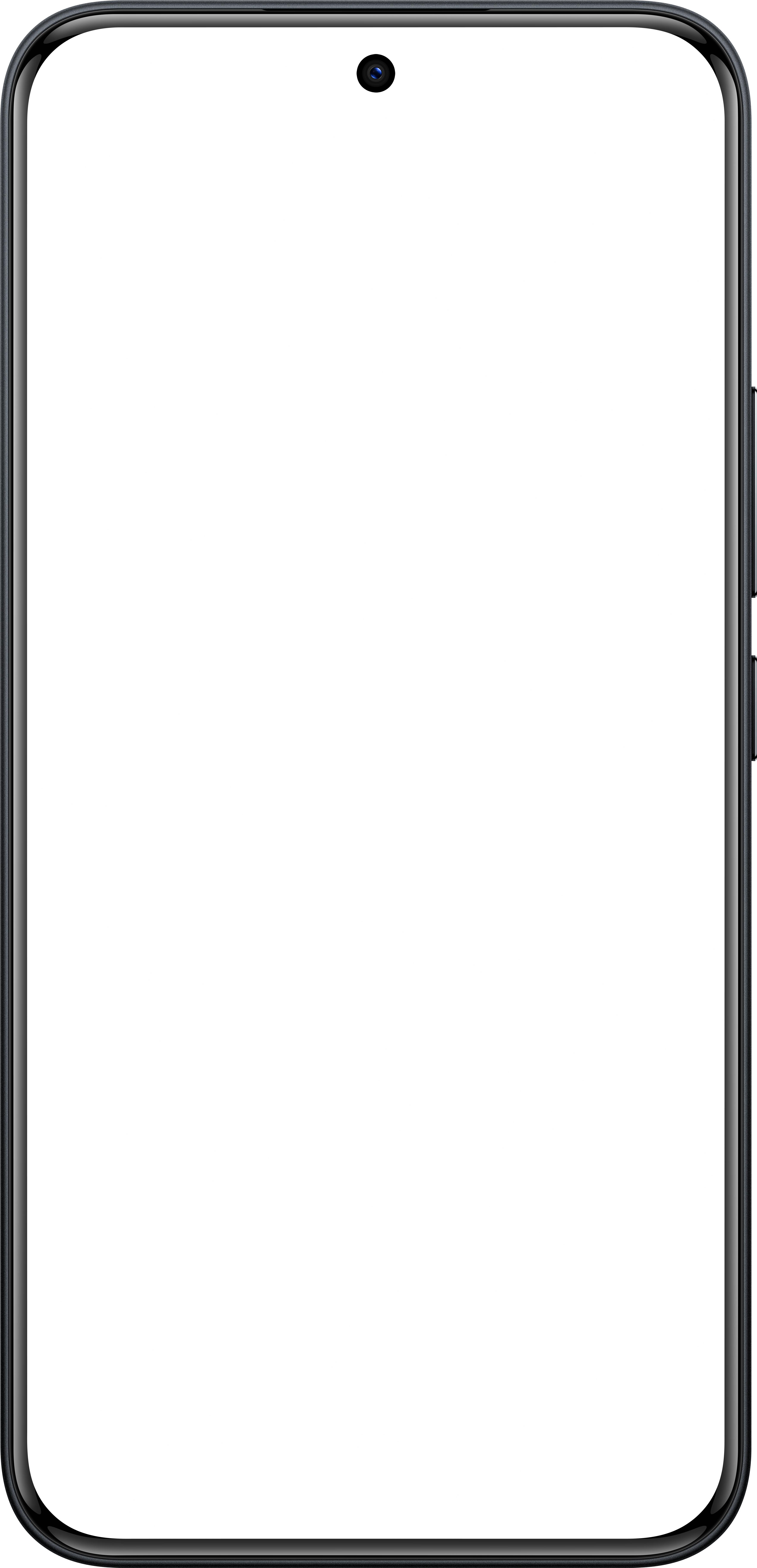 Ein Smartphone mit schwarzem Rahmen. Es hat eine Frontkamera und Tasten an der Seite. Der Bildschirm ist weiß und leer.