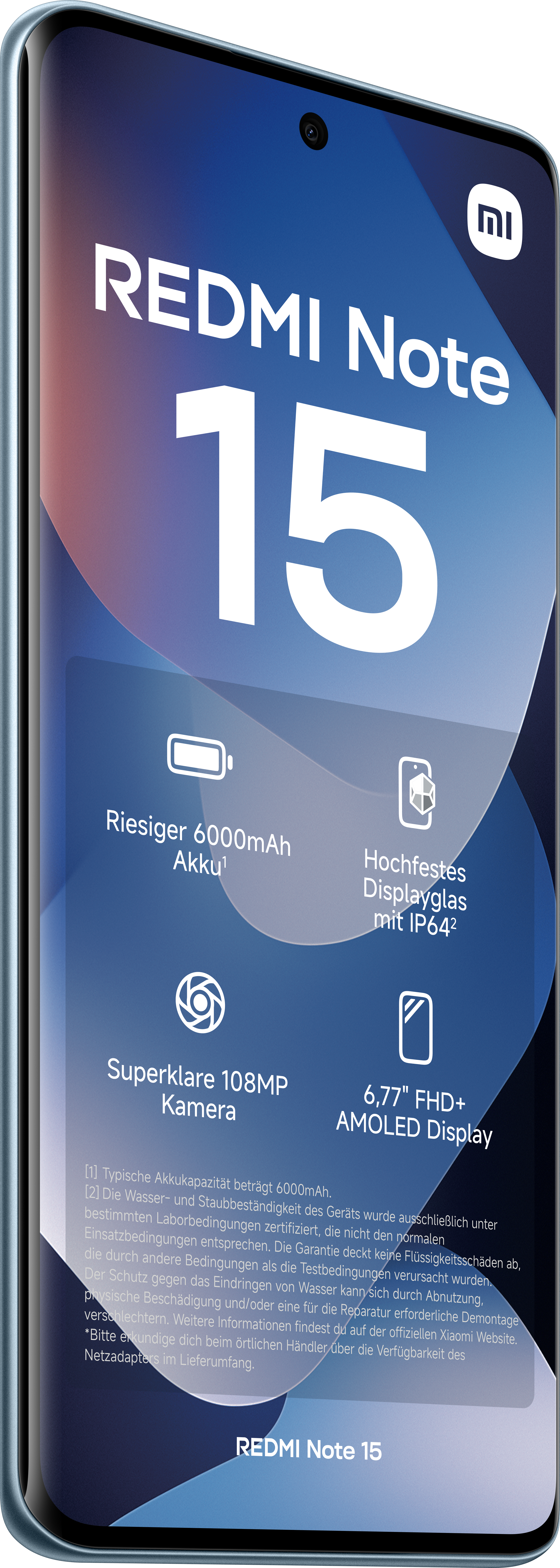 Eine Redmi Note 15-Handywerbung zeigt ihre Funktionen: großer Akku, robustes Display, 108MP-Kamera und AMOLED-Display.