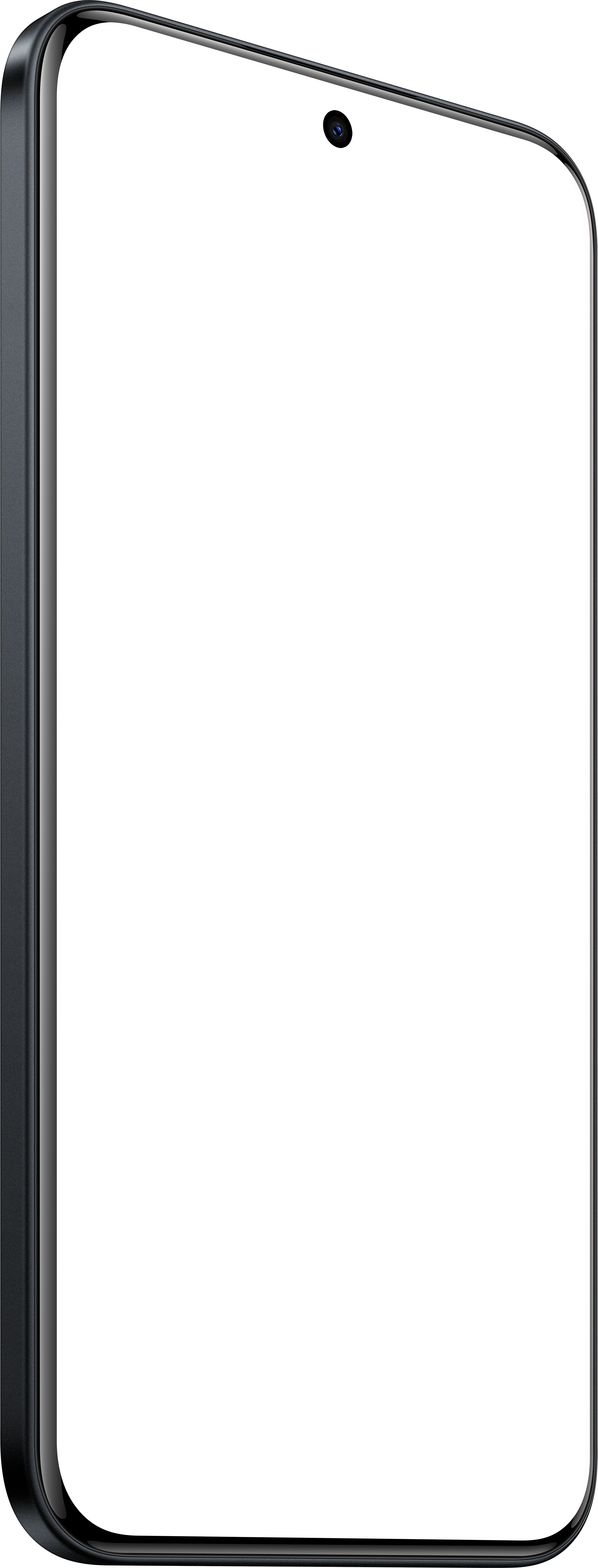 Ein Smartphone mit schwarzem Bildschirm. Es hat eine Frontkamera und einen dunkelgrauen Rahmen mit silberner Kante.