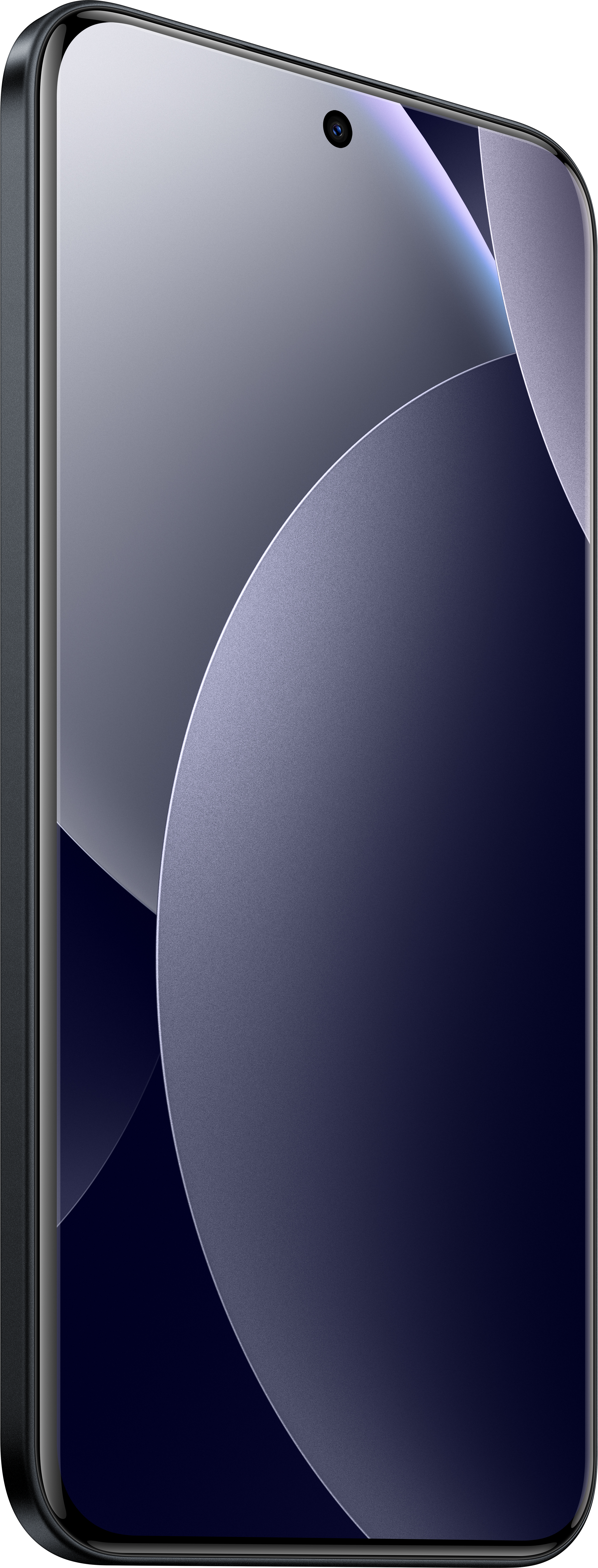 Ein Smartphone aus der Schrägansicht mit dunkelblauem Bildschirm. Der Bildschirm hat eine Kamera. Die Ränder des Telefons sind schwarz und abgerundet.