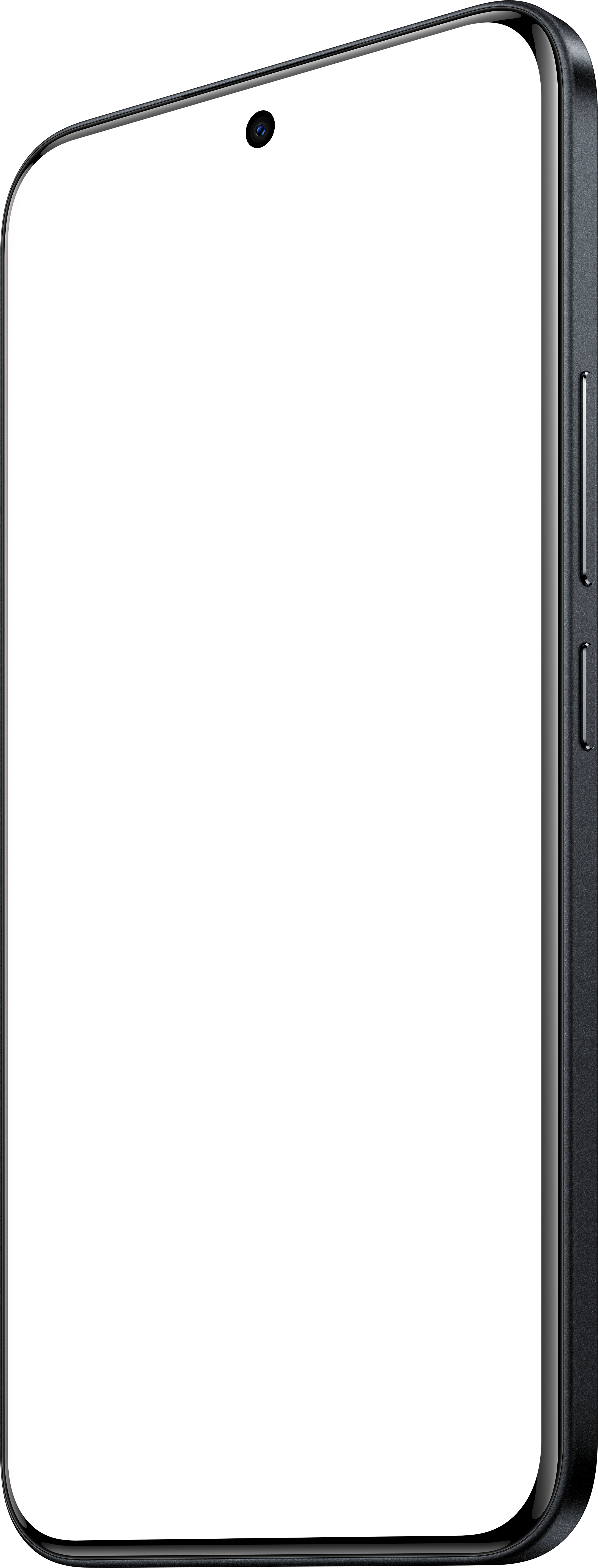 Ein Smartphone in einem dunkelgrauen Gehäuse ist zum Betrachter hin abgewinkelt. Der Bildschirm ist schwarz. Die Seite hat Knöpfe.