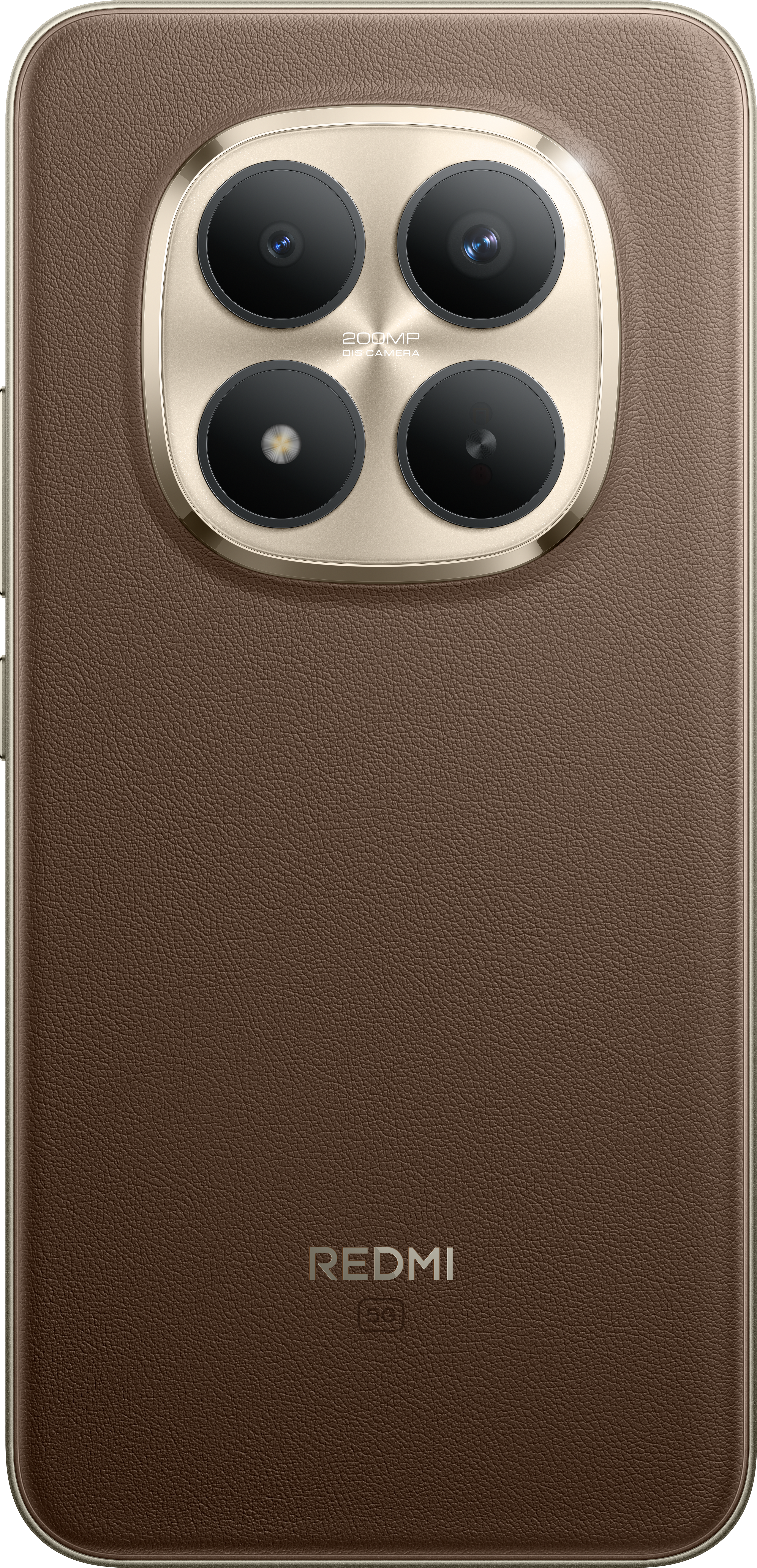 Braune Leder-Handy-Rückseite mit einem goldenen Kameramodul mit vier Linsen. Das Telefon hat einen goldenen Rahmen und ein Redmi-Logo.