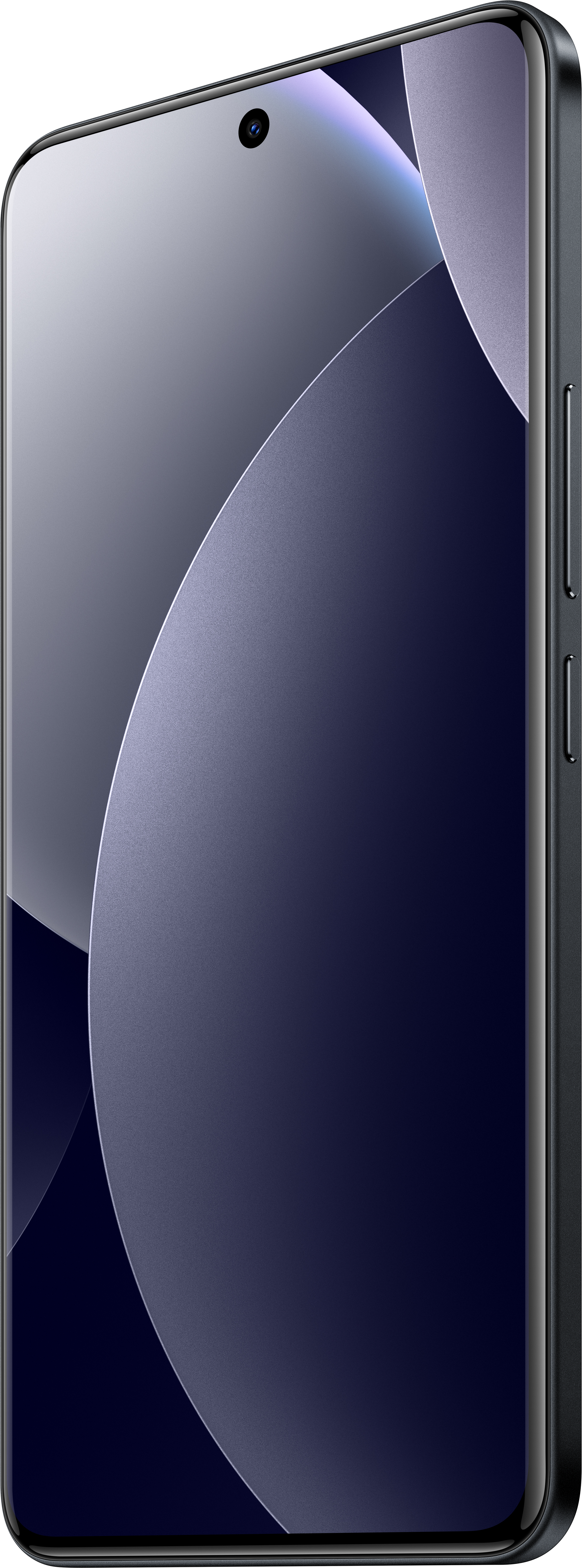 Ein Smartphone mit einem gebogenen Bildschirm. Der Bildschirm zeigt Farbverläufe von Lila und Blau. Das Telefon ist dunkelgrau.