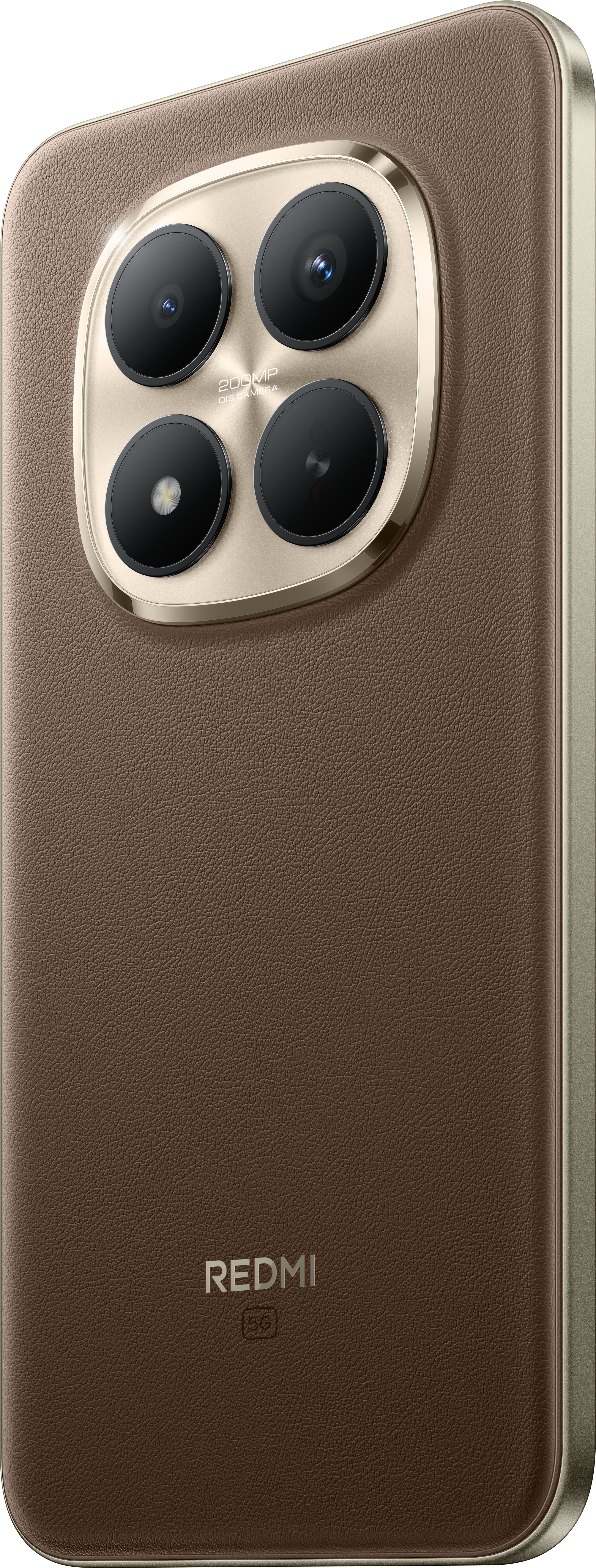 Braune lederartige Telefonrückseite mit vier Kameralinsen und einem goldfarbenen Kameramodul. Das Redmi-Logo und 5G sind sichtbar.
