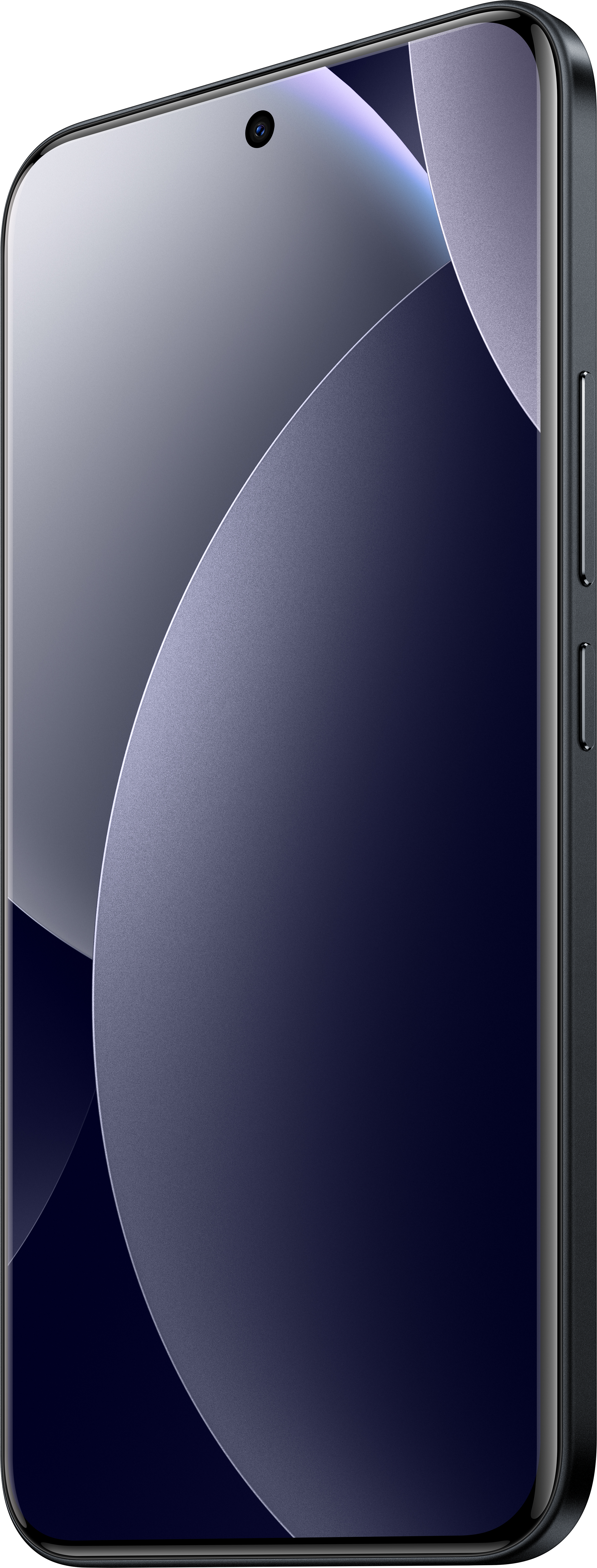 Ein Smartphone mit einem gebogenen Bildschirm. Oben befindet sich eine Kamera. Der Bildschirm hat ein dunkelblaues und graues Muster.
