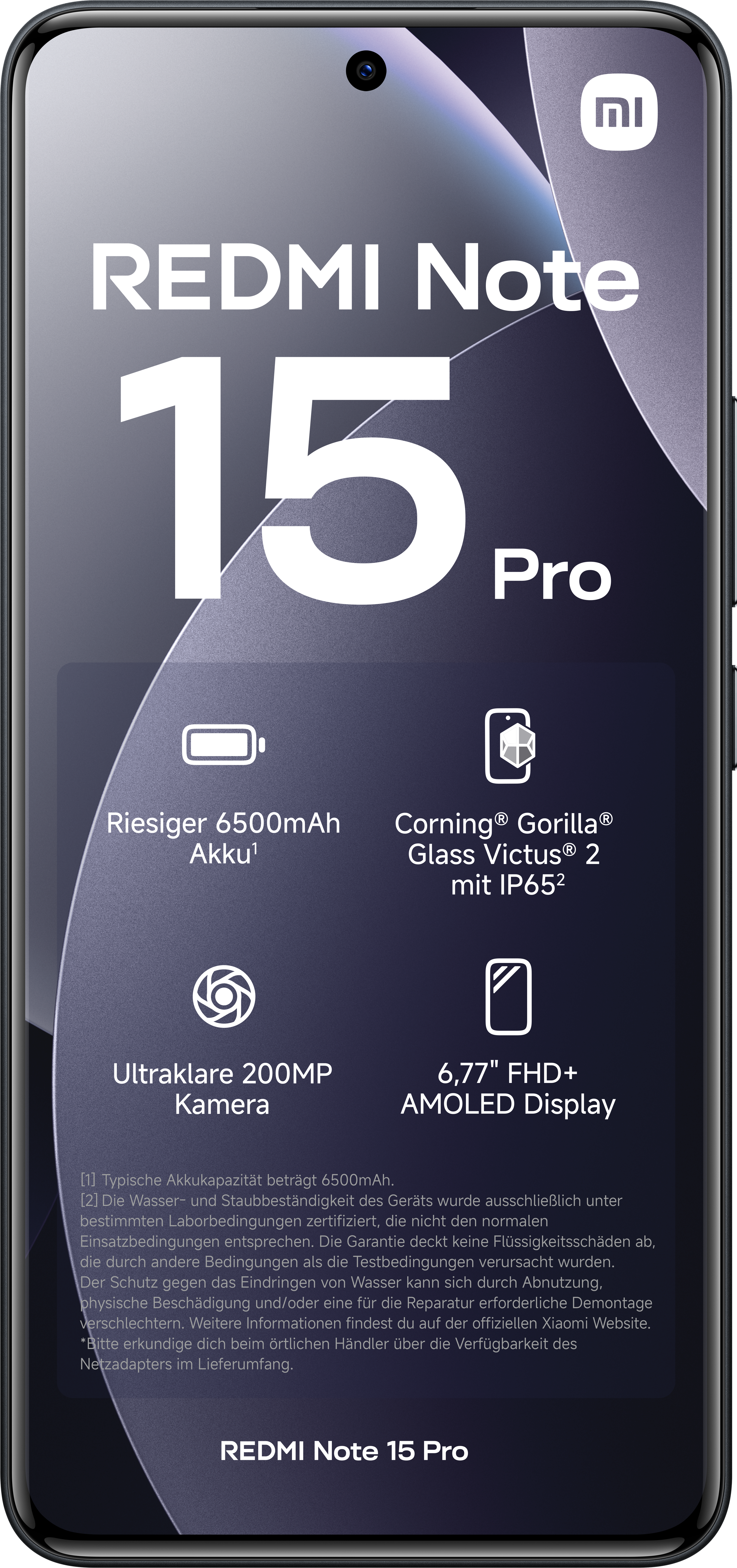 Redmi Note 15 Pro Telefon. Merkmale umfassen einen großen Akku, Gorilla Glass, eine 200MP Kamera und ein AMOLED Display.