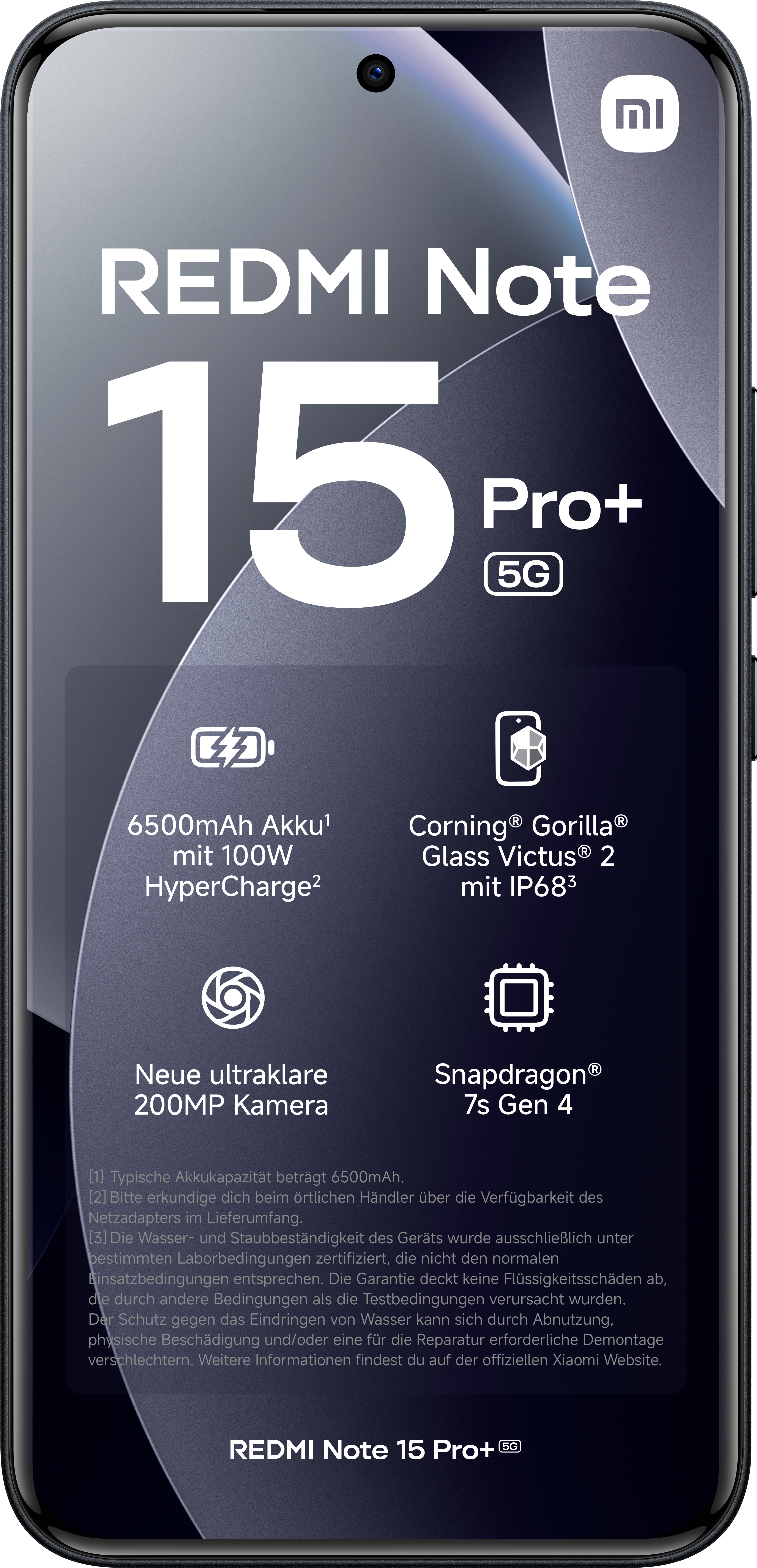 Redmi Note 15 Pro+ 5G Telefon. Funktionen umfassen 6500mAh Akku, 200MP Kamera, Snapdragon 7s Gen 4 und Corning Gorilla Glass.