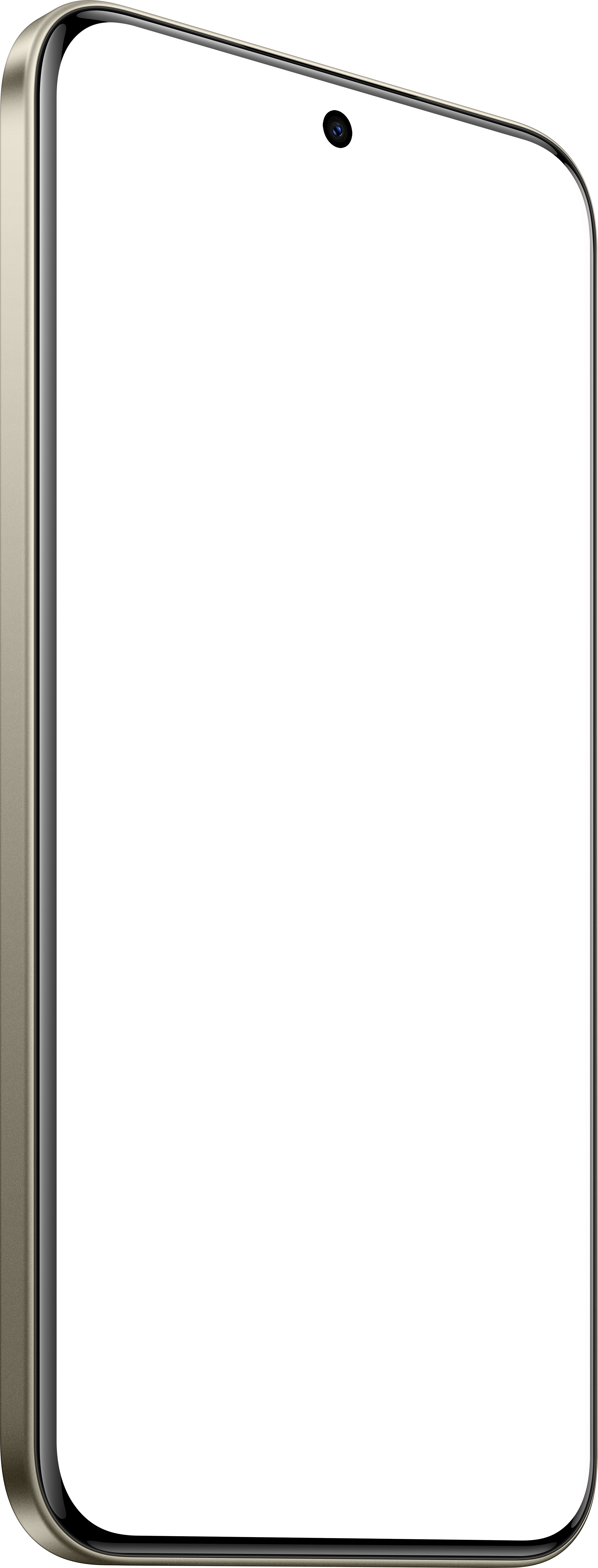 Ein Smartphone mit schwarzem Bildschirm, kleiner Kamera und goldfarbenem Rahmen. Der Bildschirm ist aus.