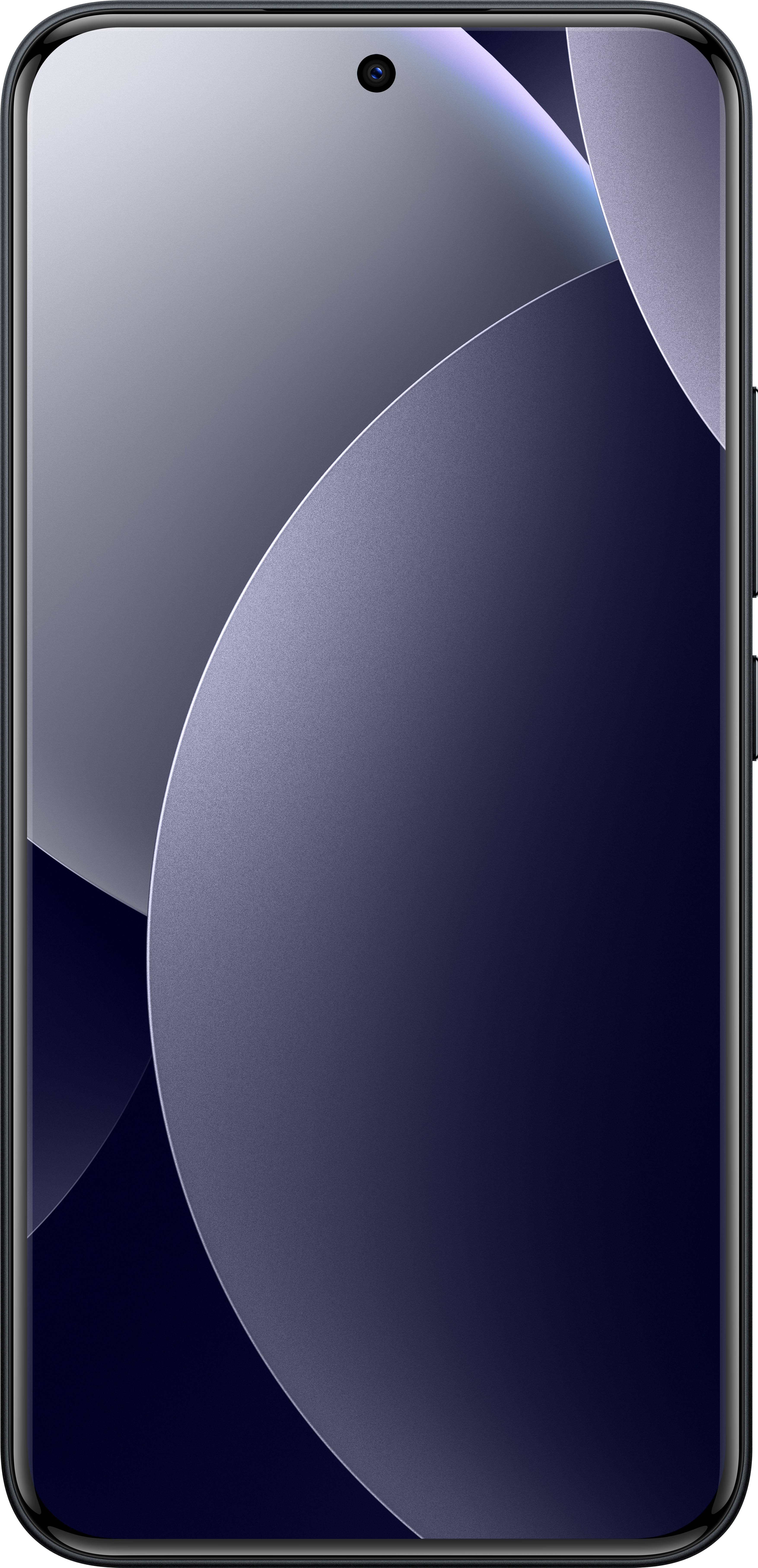 Ein Smartphone-Bildschirm zeigt abstrakte Formen in Blau- und Grautönen. Oben in der Mitte ist eine Kamera sichtbar.