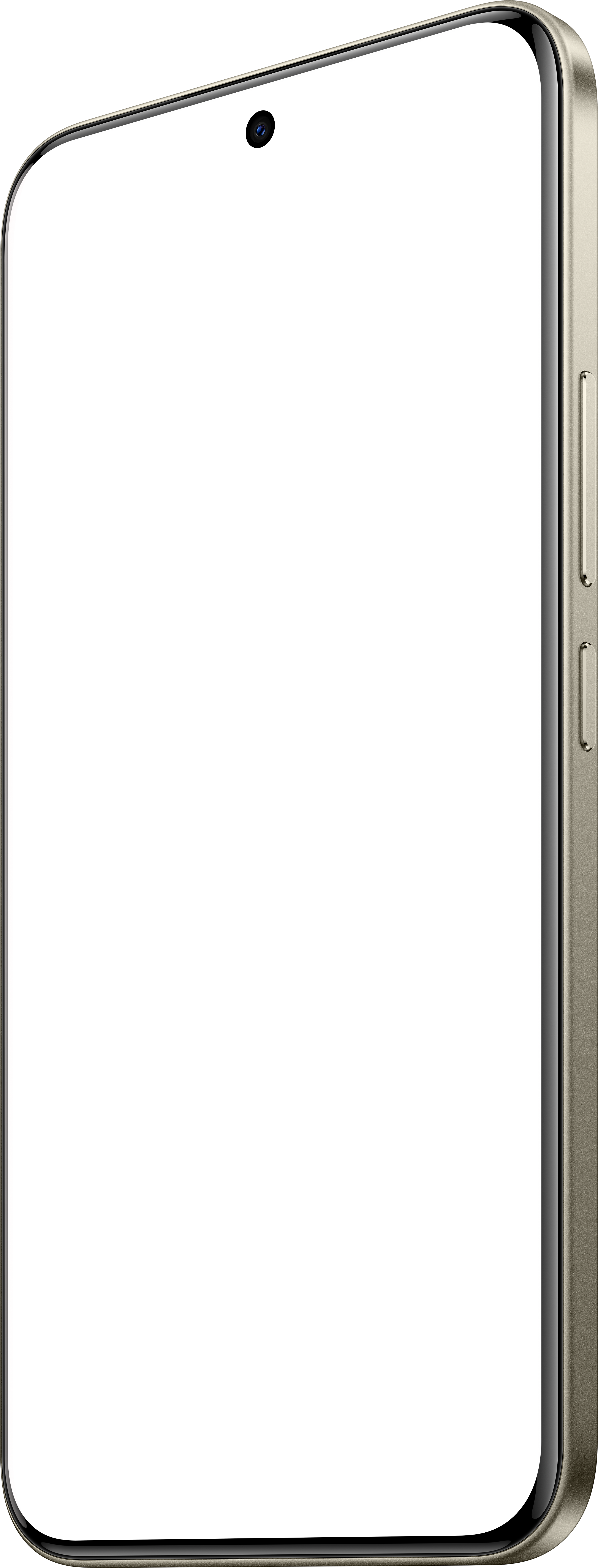 Ein Smartphone mit schwarzem Bildschirm wird in einem Winkel gezeigt. Das Telefon ist an den Seiten goldfarben und hat Knöpfe. Eine Frontkamera ist sichtbar.