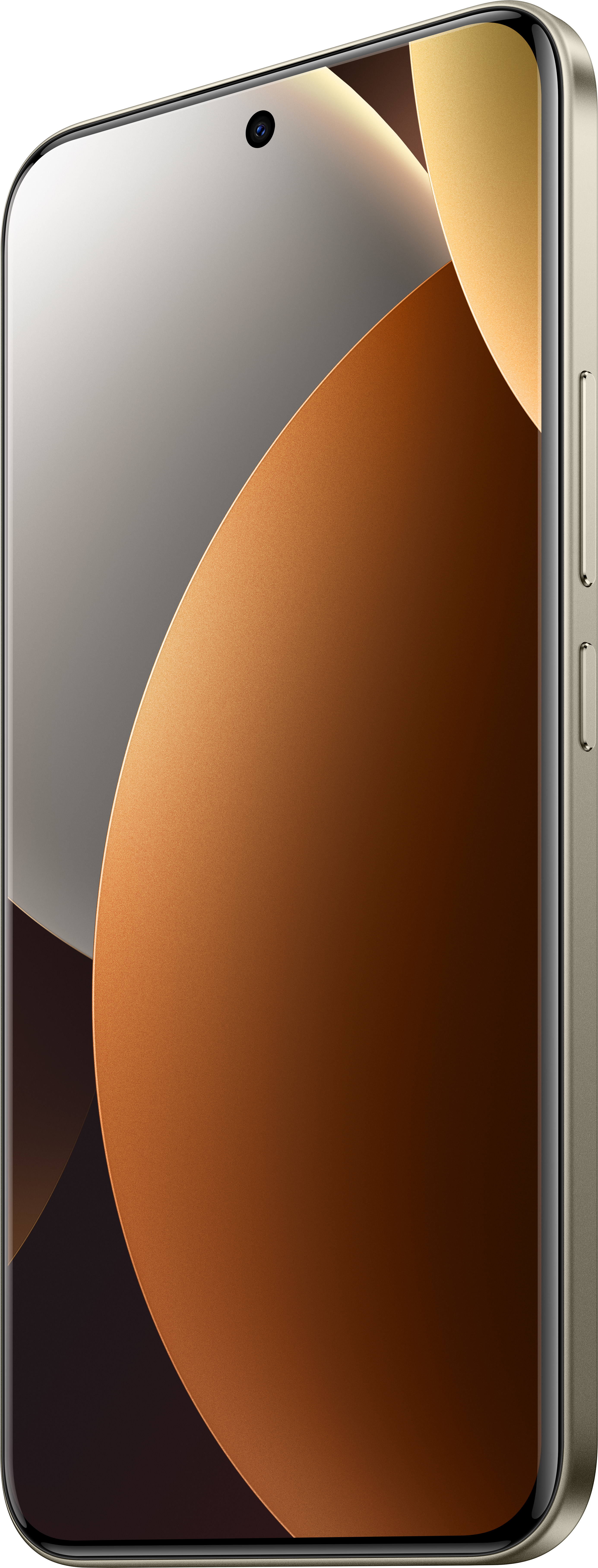 Ein Smartphone aus der Perspektive. Der Bildschirm hat braune, goldene und graue Verläufe. Der Rahmen ist hellgold.