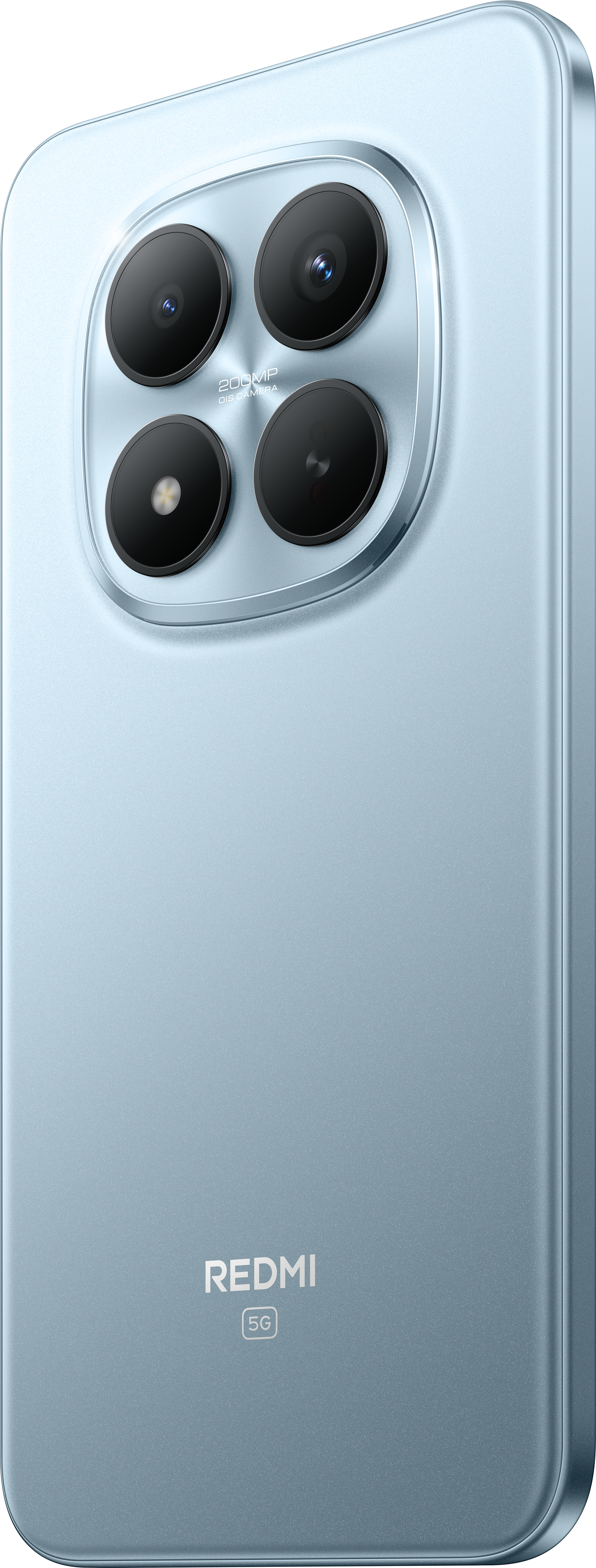Rückseite eines hellblauen Redmi-Telefons. Es hat vier Kameras, das Redmi-Logo und die 5G-Marke.