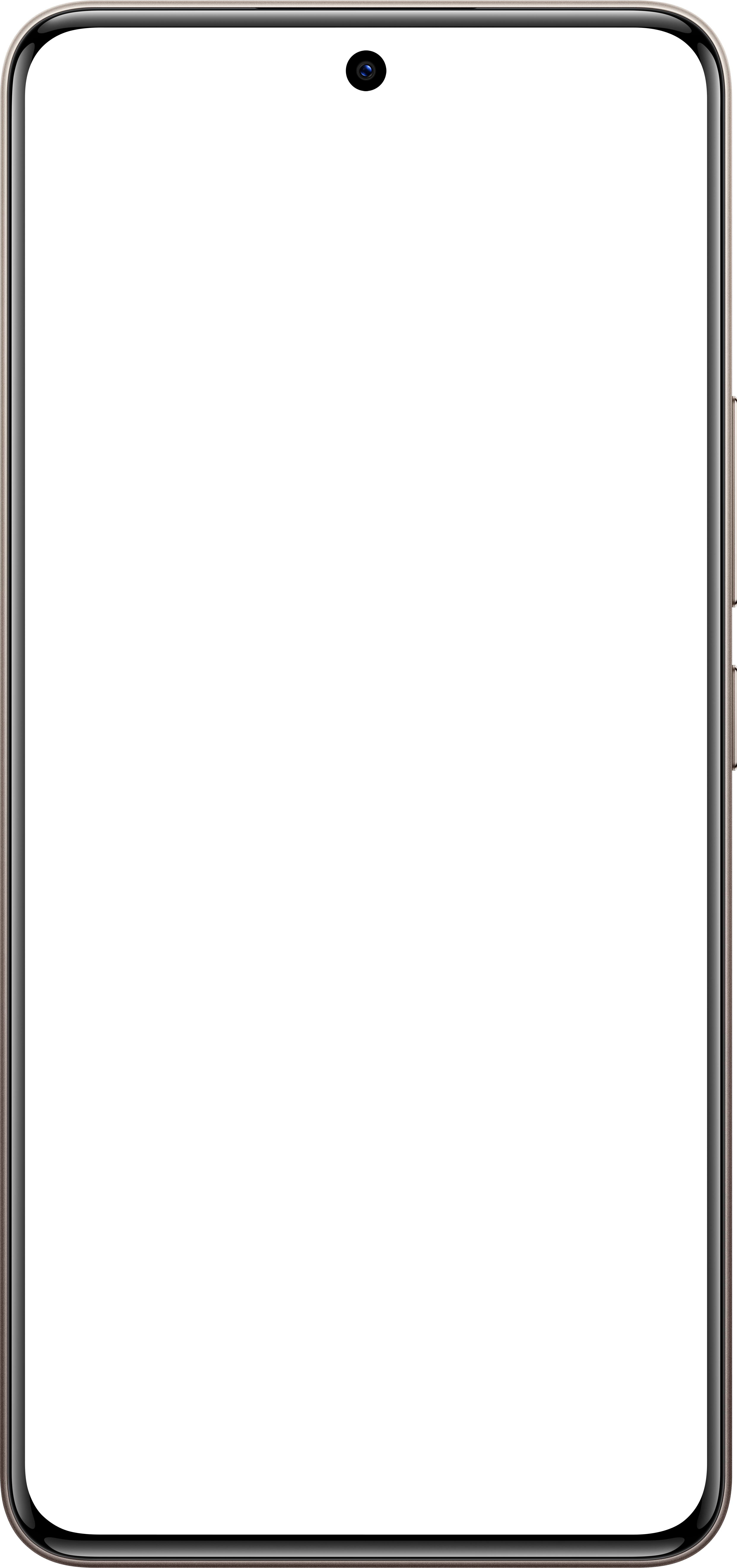 Ein Smartphone mit schwarzem Bildschirm. Oben ist eine kleine Kamera zu sehen. Das Telefon hat einen goldfarbenen Rahmen und Knöpfe.