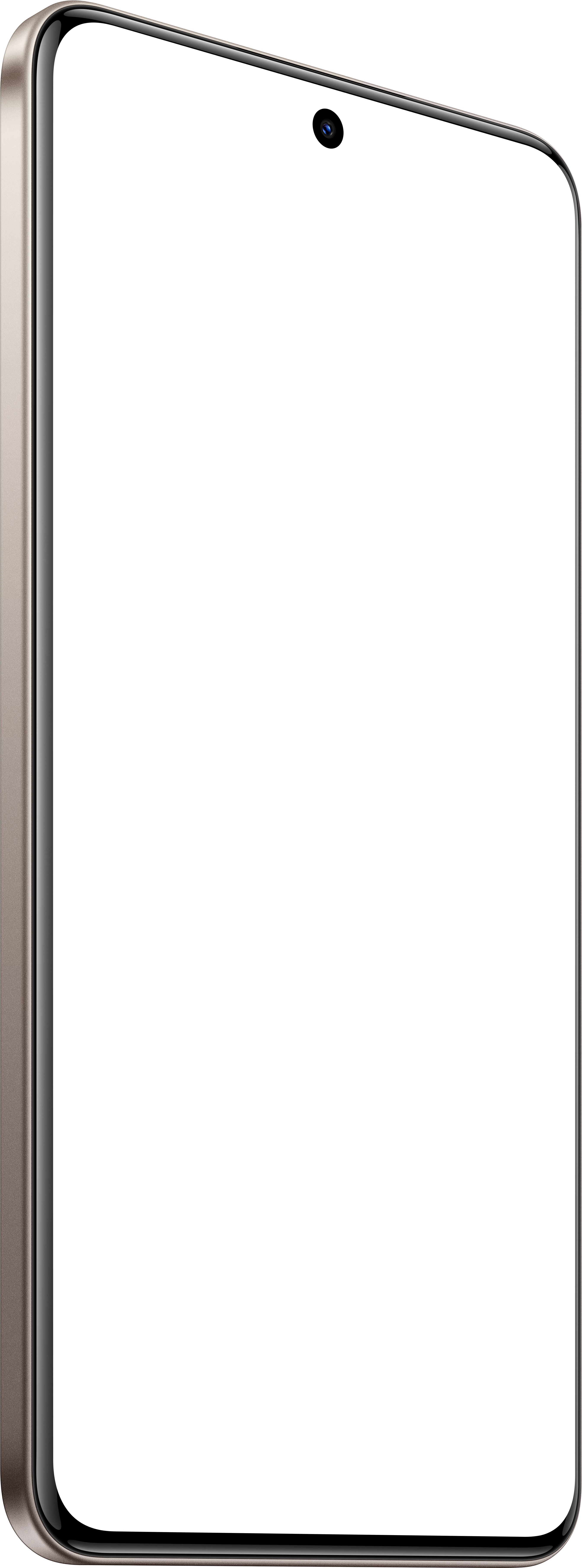 Ein Smartphone mit schwarzem Bildschirm, silbernem Rahmen und Frontkamera.