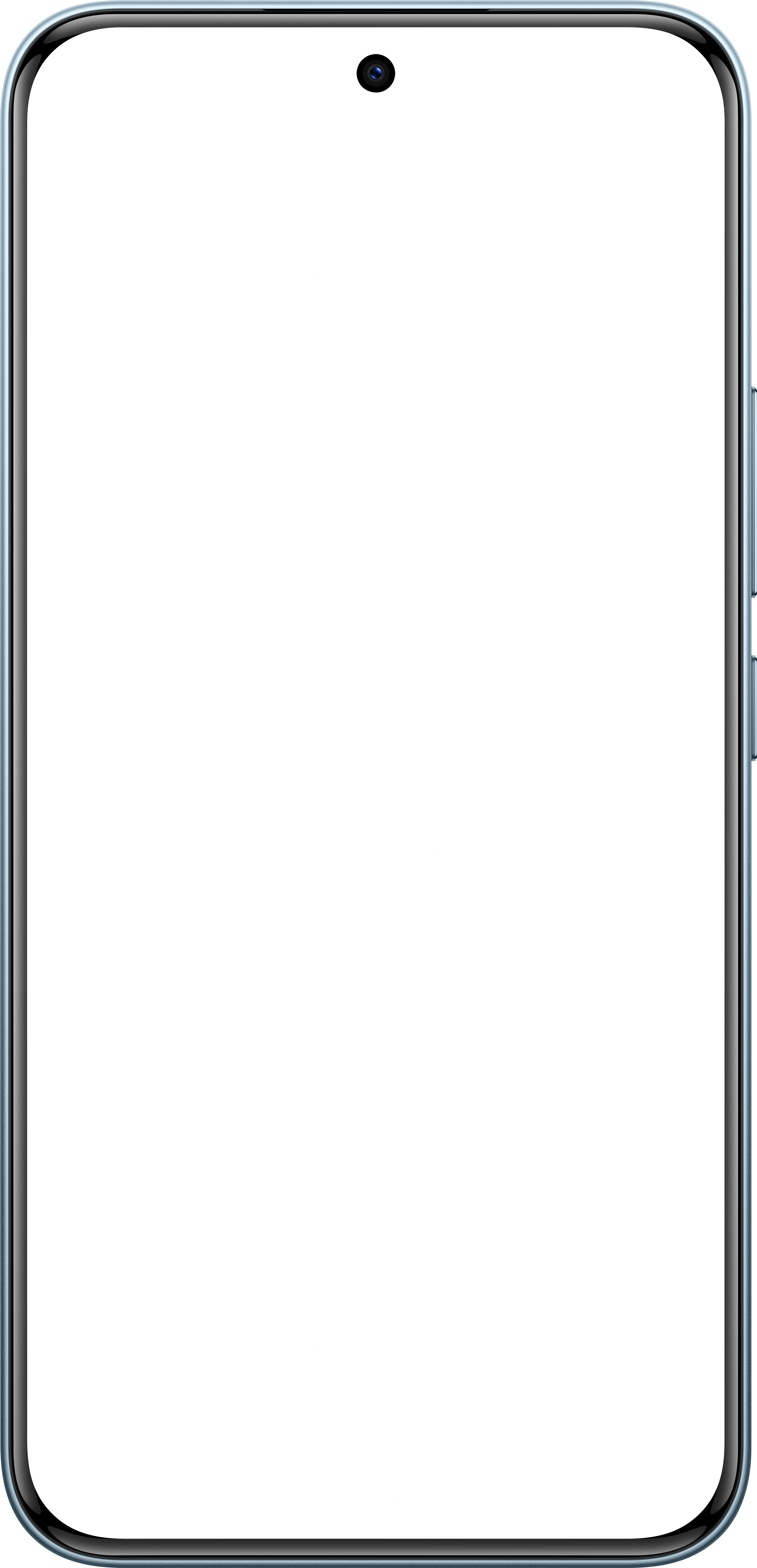 Ein Smartphone mit schwarzem Bildschirm und Frontkamera. Das Telefon hat einen silbernen Rahmen und Knöpfe.