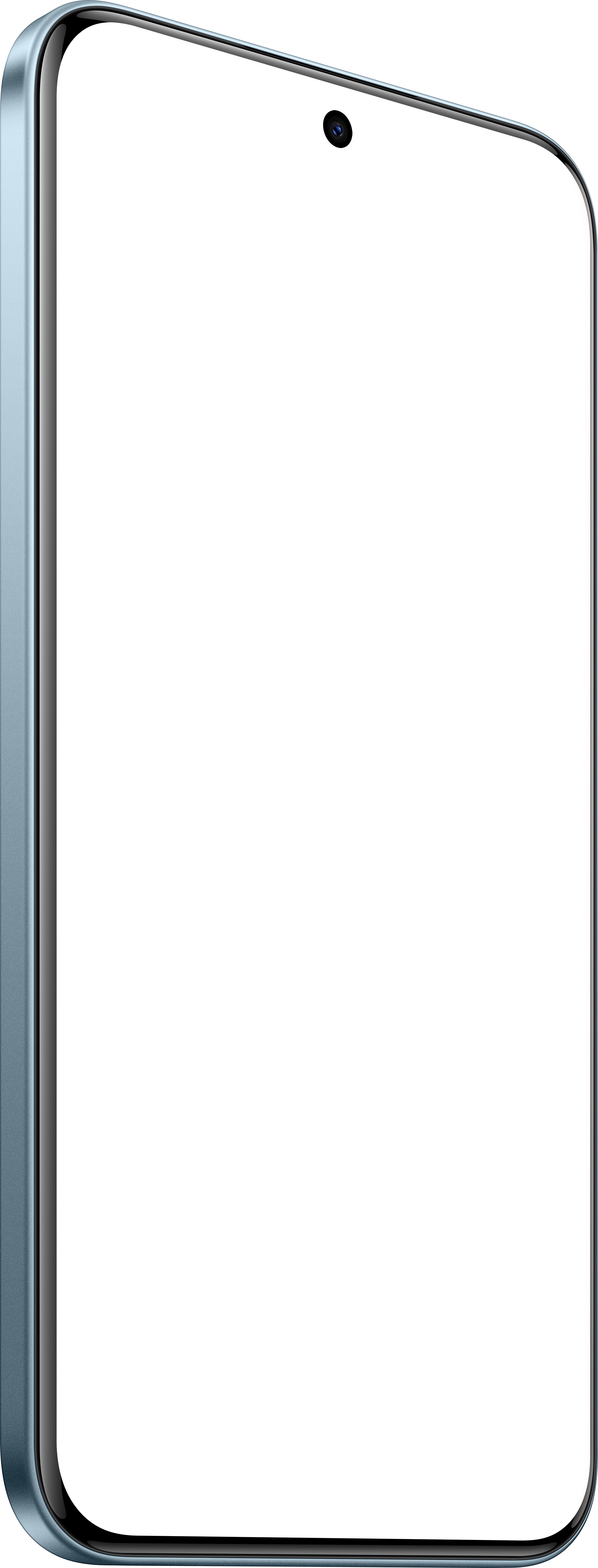 Ein Smartphone mit schwarzem Bildschirm, blauem Rahmen und Frontkamera. Der Bildschirm ist aus, zeigt ein schwarzes Nichts.