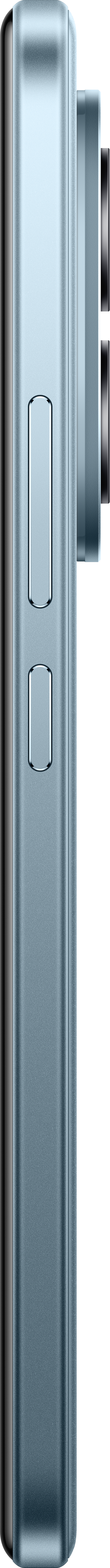Seitenansicht eines blauen Telefons. Ein-/Aus- und Lautstärketasten sind sichtbar. Die Kamera ist rechts.