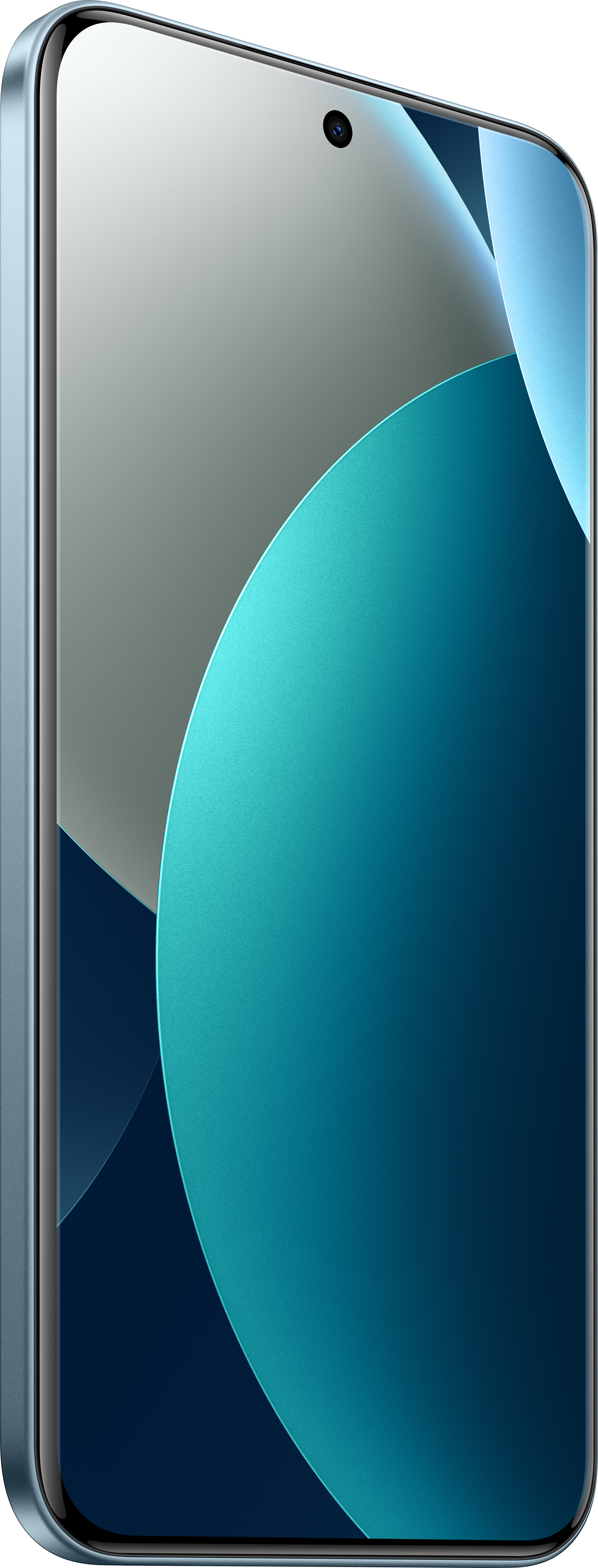 Ein Smartphone mit gebogenem Bildschirm. Es hat einen blauen Rahmen und ein großes, abstraktes Design aus Blau- und Grautönen.