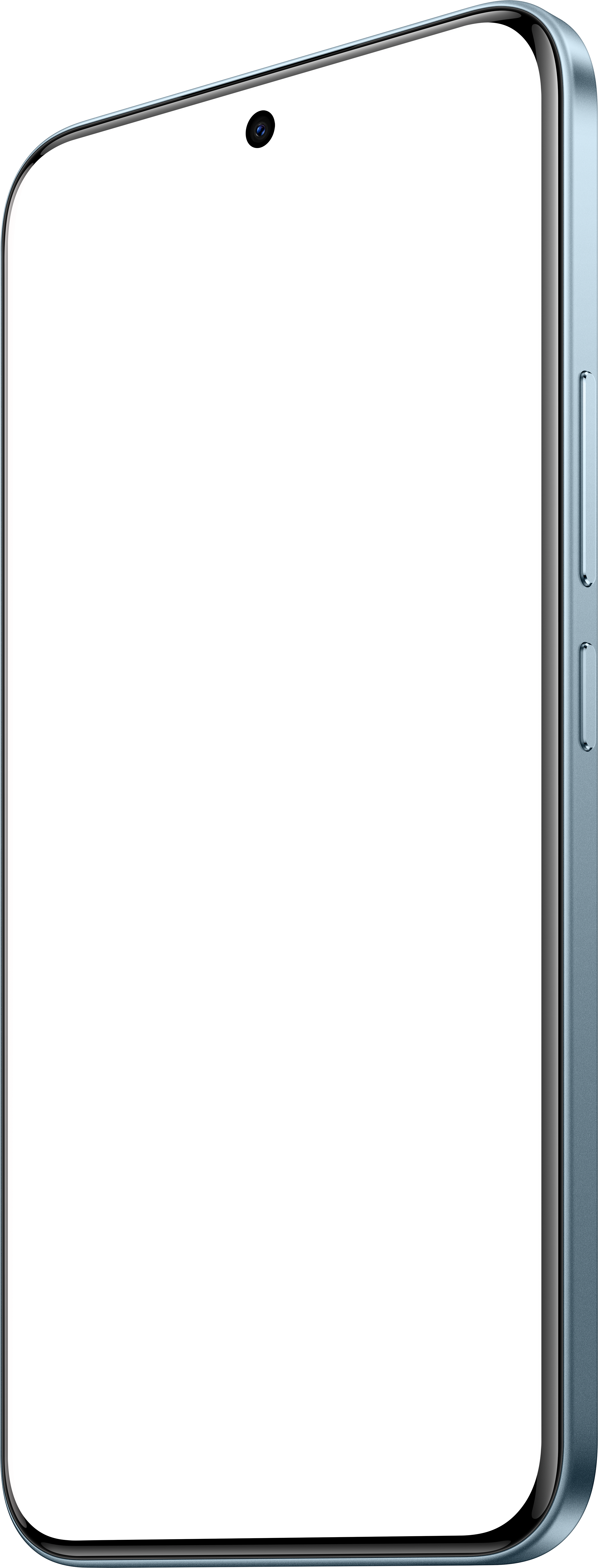 Ein Smartphone mit schwarzem Bildschirm wird in einem Winkel gezeigt. Das Telefon hat einen hellblauen Rahmen und Seitentasten.
