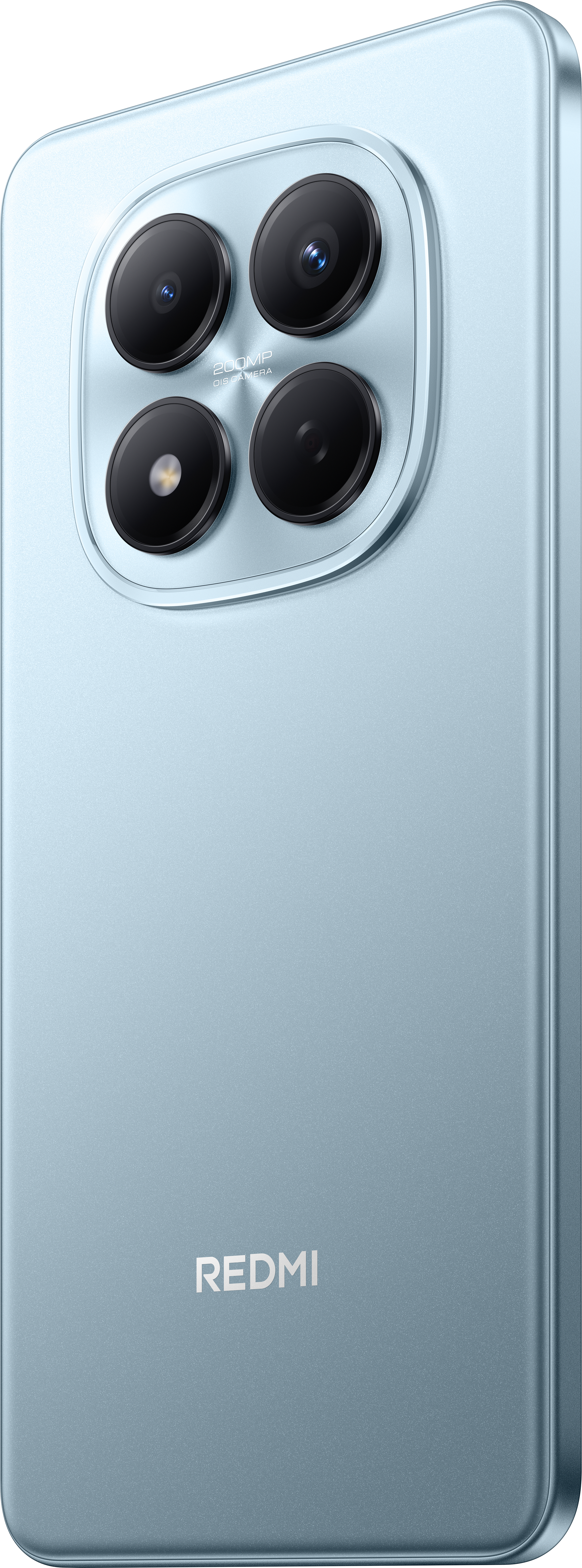 Nahaufnahme der Rückseite eines hellblauen Redmi-Telefons. Vier schwarze Kameras sind sichtbar, mit dem Redmi-Logo unten.