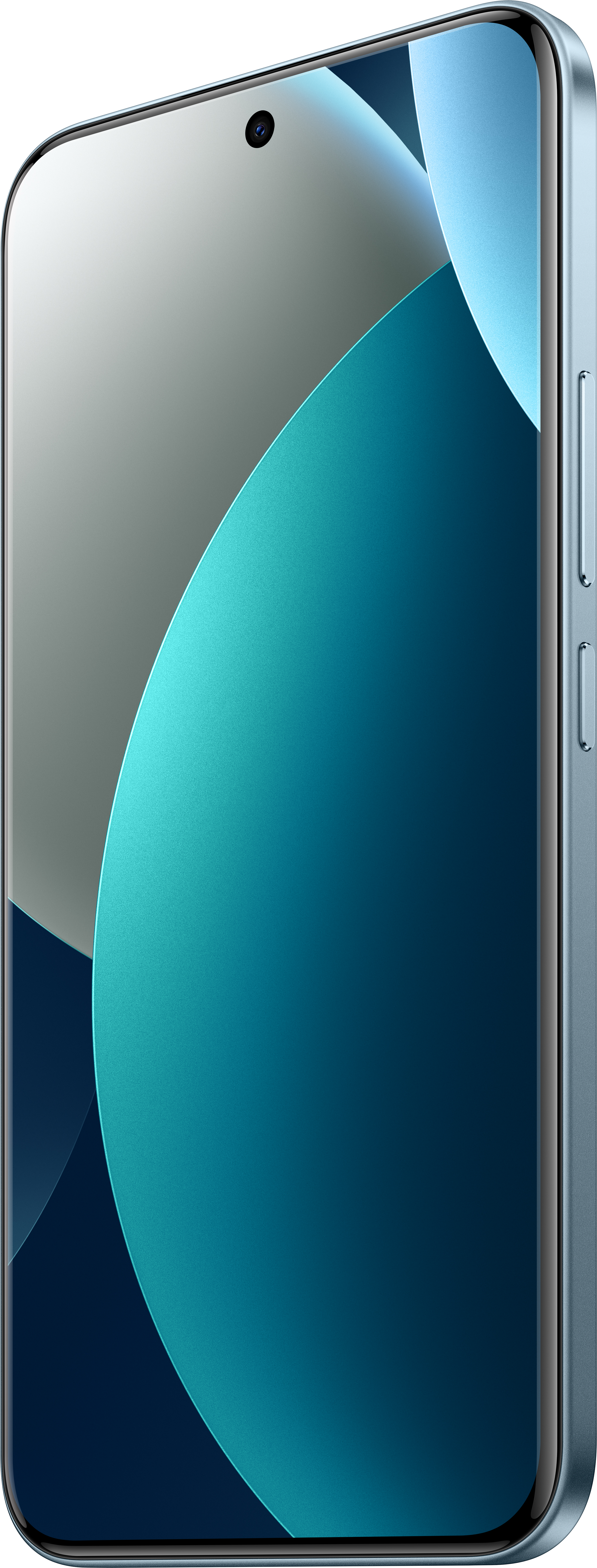 Ein Smartphone mit gebogenem Bildschirm. Es hat ein türkis-blaues Farbverlaufdesign mit Knöpfen an der Seite.