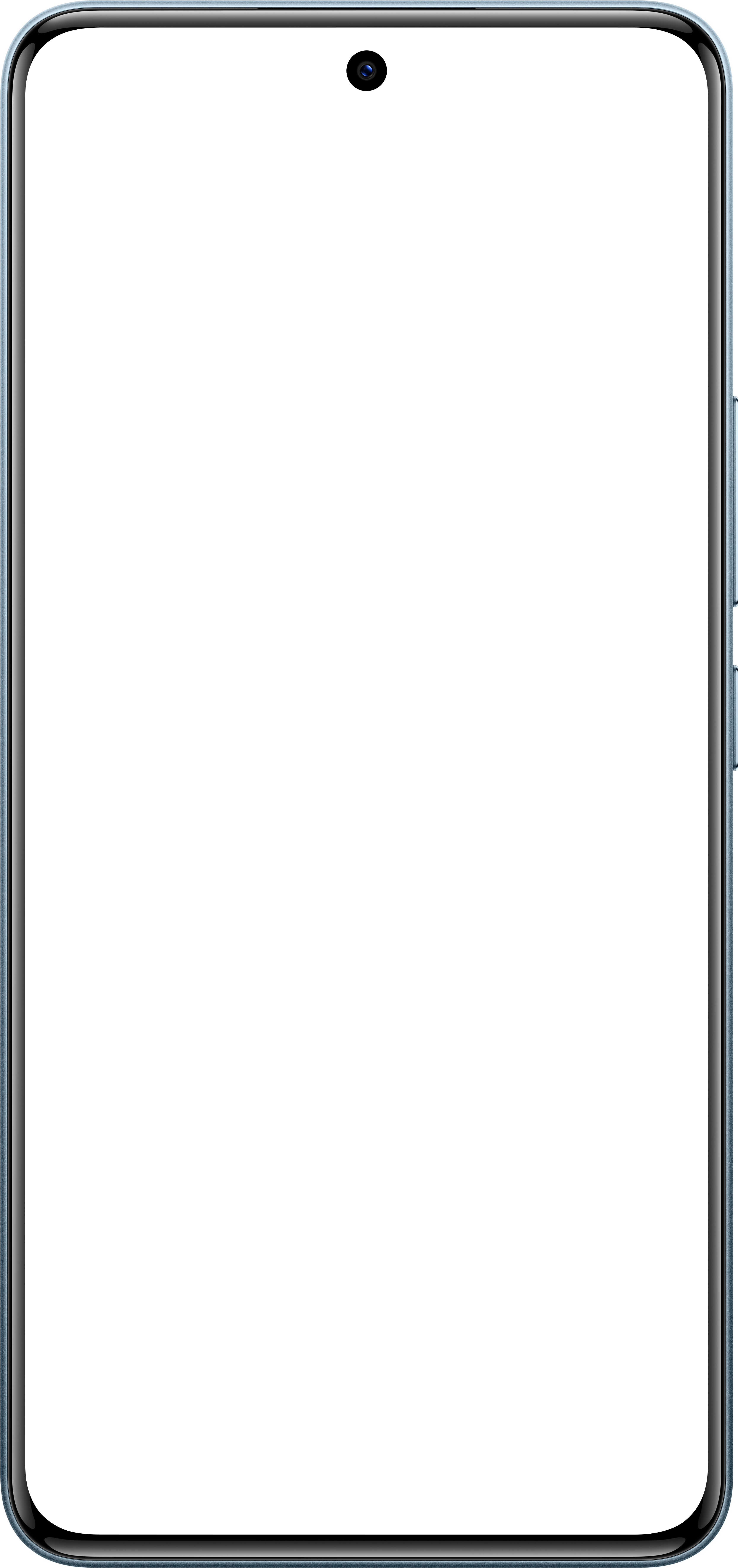 Ein Smartphone mit schwarzem Bildschirm. Es hat ein abgerundetes Design mit hellblauem Rahmen und Frontkamera.