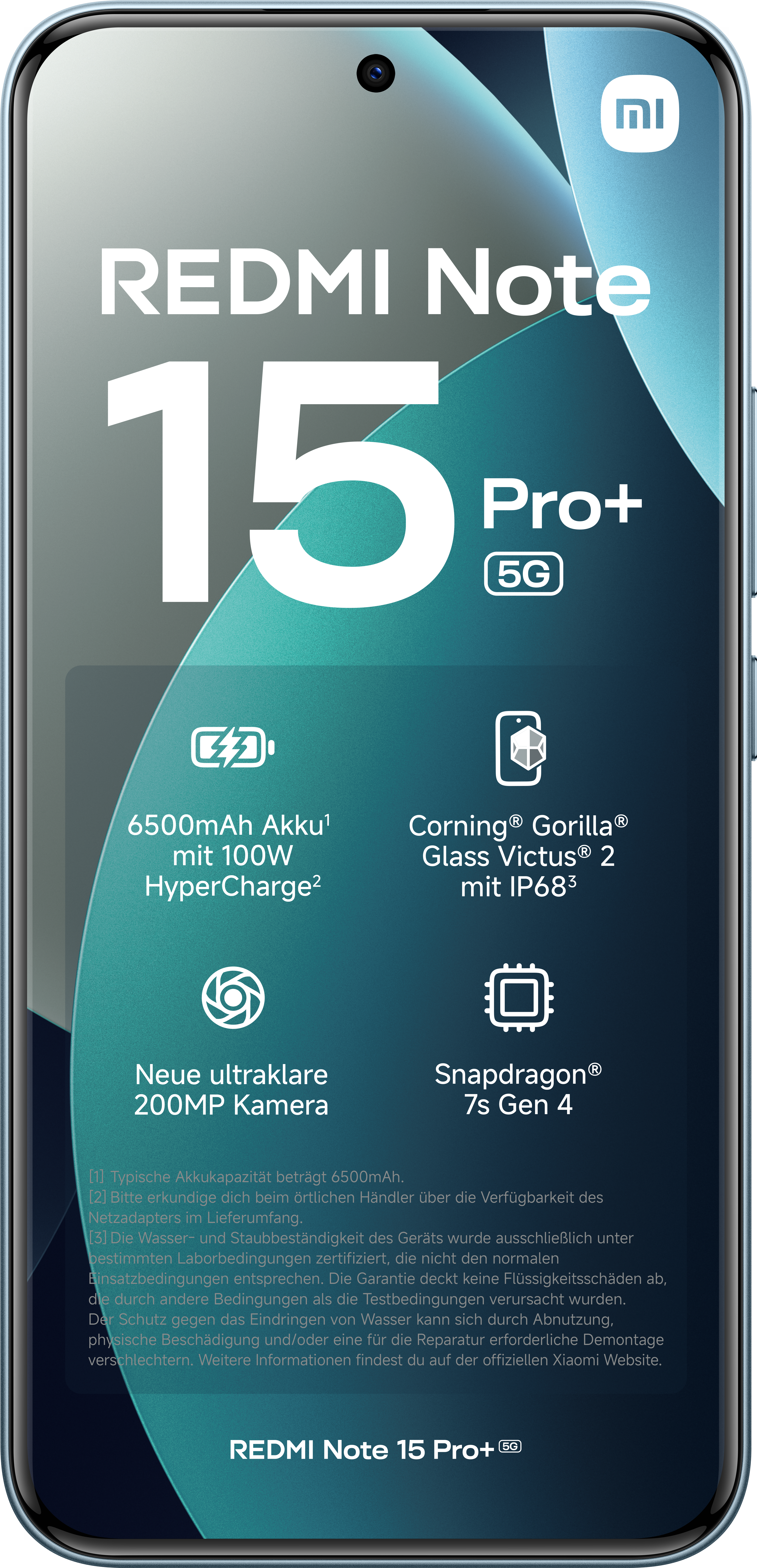 Ein Smartphone-Bildschirm zeigt 'Redmi Note 15 Pro+ 5G' mit Funktionen wie 6500mAh Akku und 200MP Kamera.