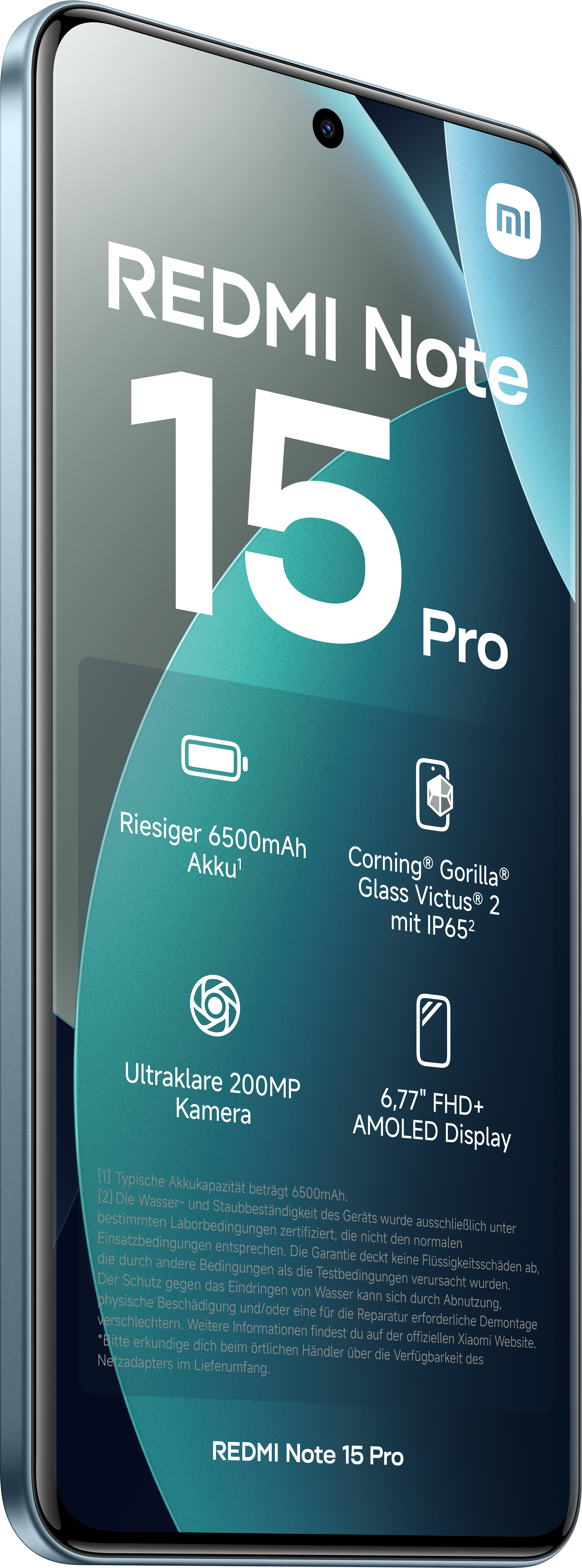 Ein Smartphone mit großem Bildschirm, dem Namen Redmi Note 15 Pro und Details zu seinen Funktionen und Spezifikationen werden angezeigt.