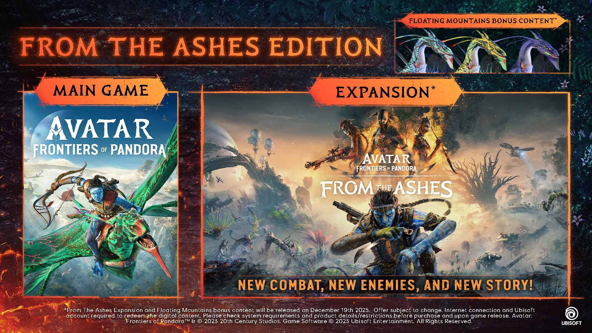 Annuncio del gioco Avatar: Frontiers of Pandora. Mostra il gioco principale e i contenuti dell'espansione. Presenta personaggi Na'vi e paesaggi di Pandora.