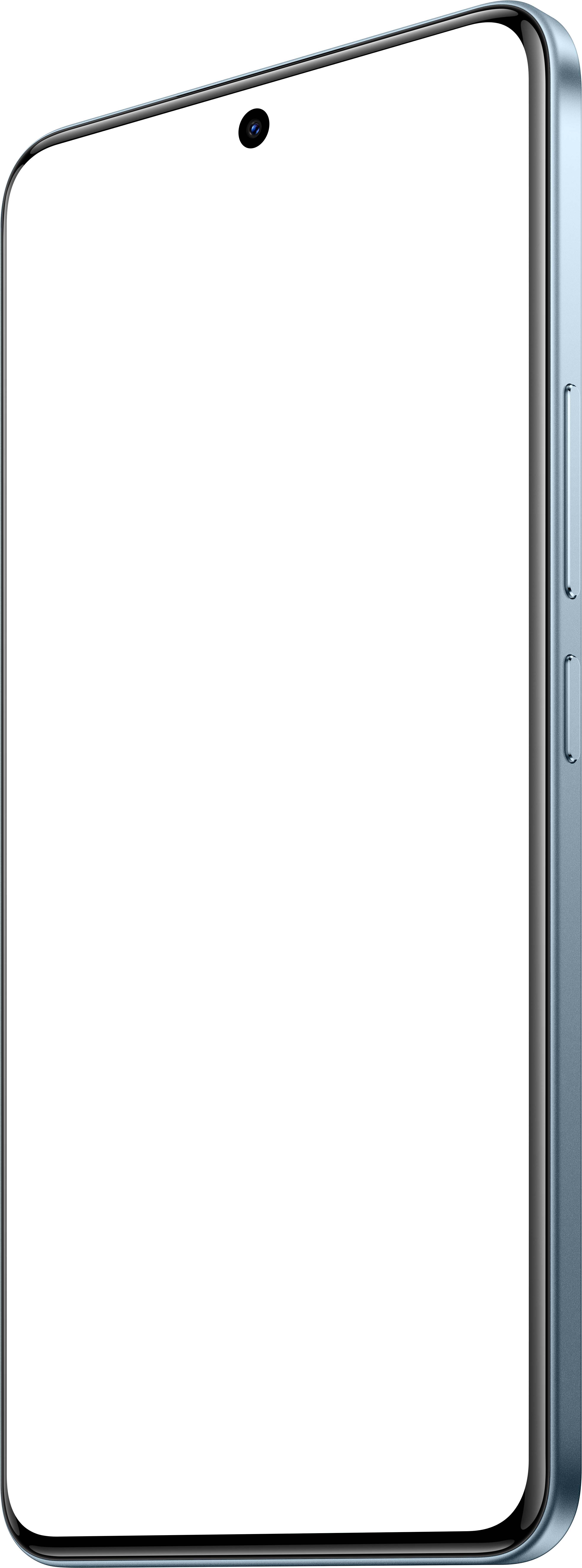 Ein Smartphone in einem hellblauen Gehäuse. Der Bildschirm ist schwarz. Die rechte Seite hat Lautstärketasten.