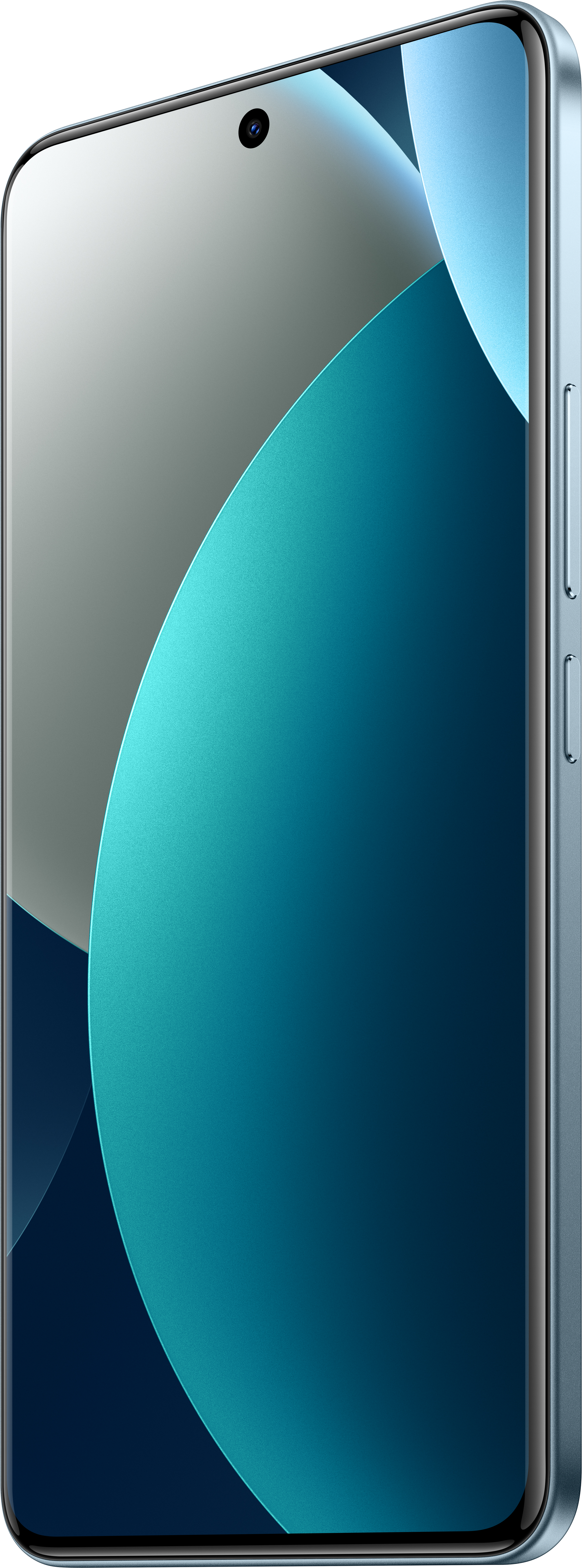 Ein Smartphone in einem hellblauen Gehäuse. Der Bildschirm zeigt teal- und graufarbene Formen. Die Kameralinse ist oben sichtbar.