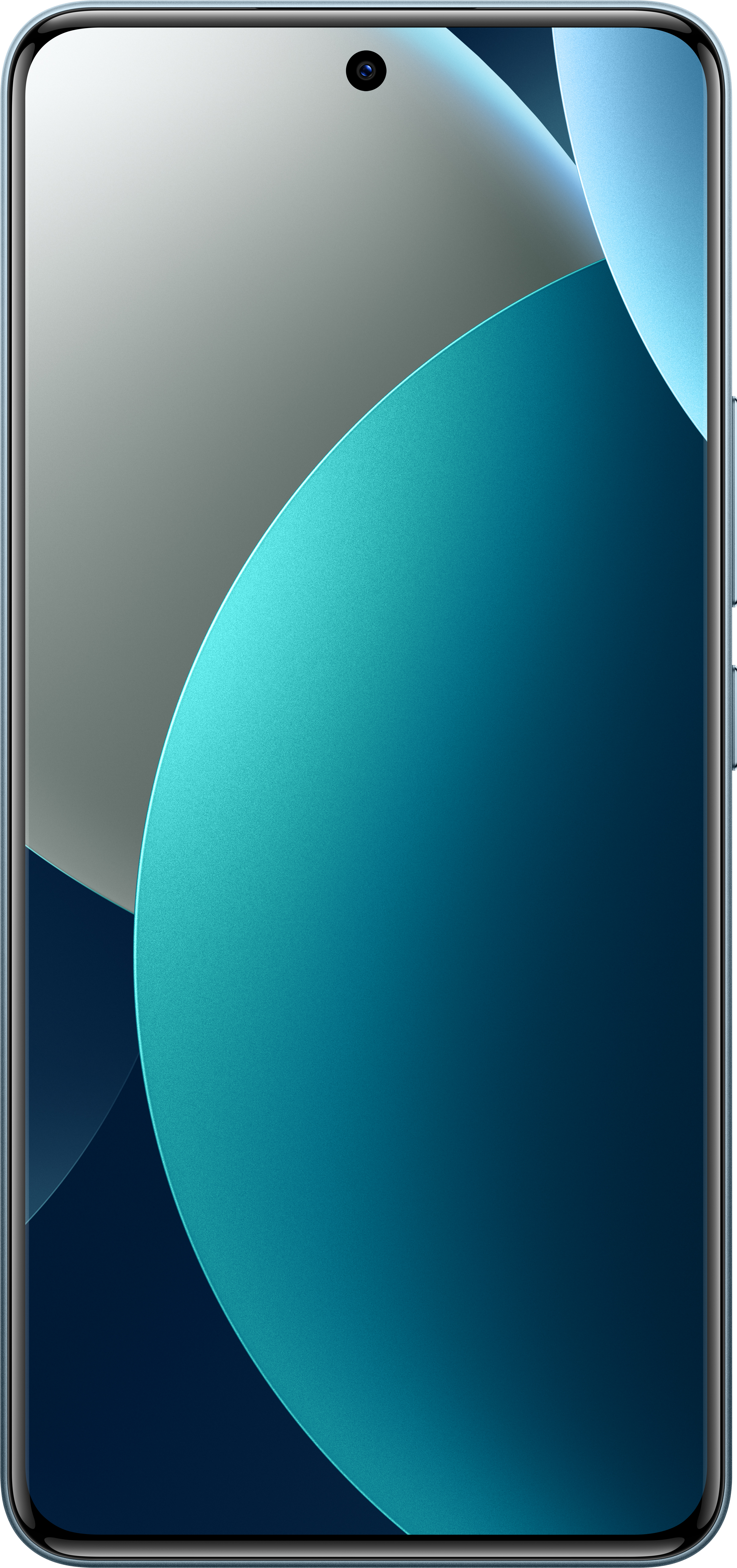 Smartphone-Bildschirm mit geschwungenem blau-grauem abstraktem Design. Oben mittig ist eine Kamera zu sehen. Das Telefon hat einen blauen Rahmen.