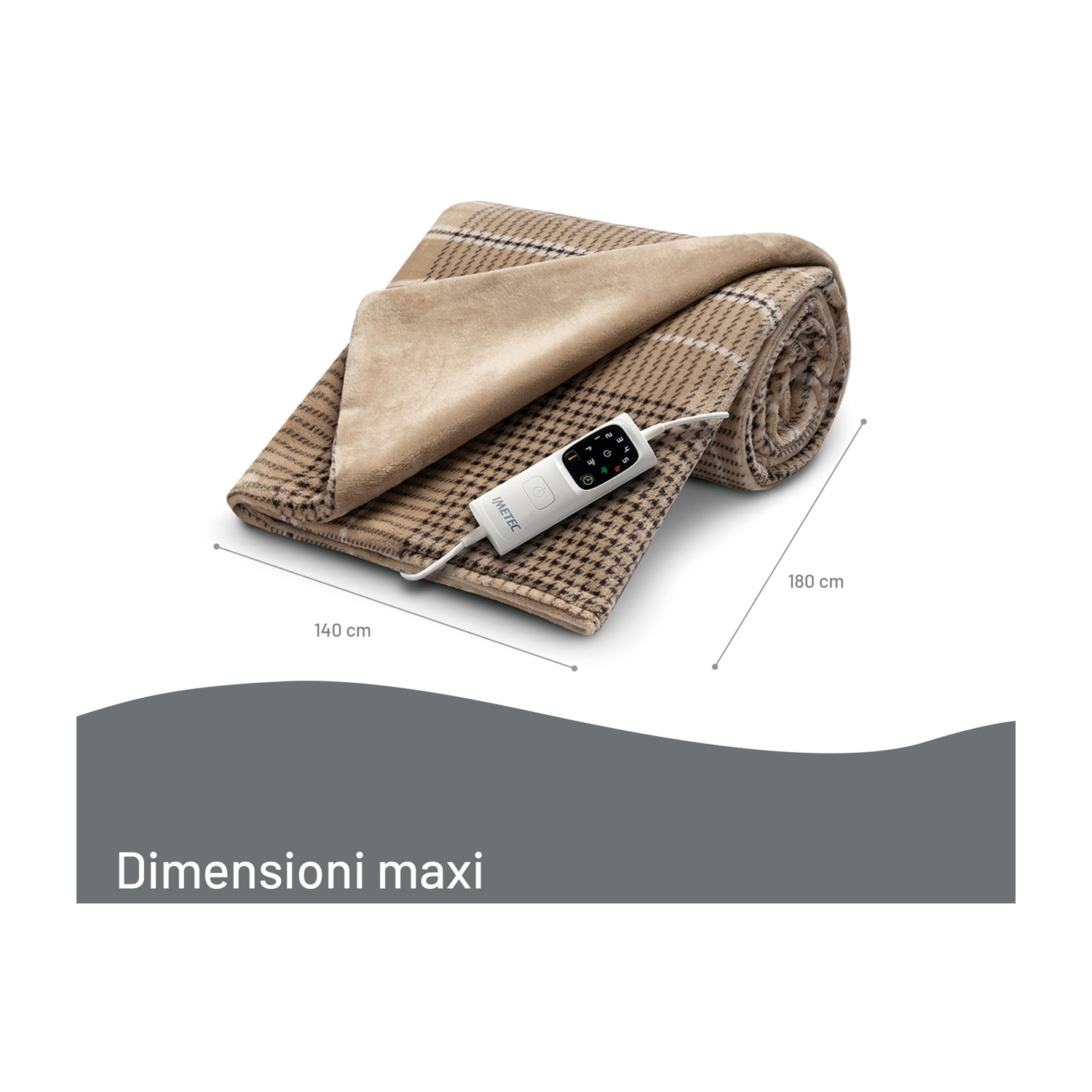 Coperta termica con motivo beige e marrone, arrotolata e parzialmente spiegata. Pannello di controllo visibile. Dimensioni: 140x180 cm.