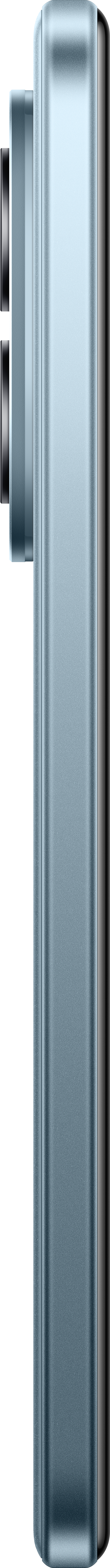 Ein hellblaues, vertikal rechteckiges Objekt, möglicherweise ein Telefon, vor schwarzem Hintergrund. Seitenansicht des Telefons.