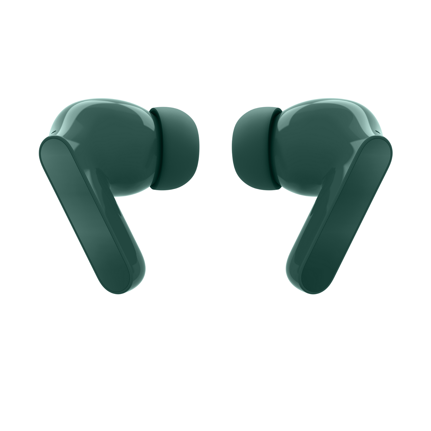 Dos auriculares inalámbricos verde azulado. Cada uno tiene un cuerpo principal redondeado y un tallo. Están sobre fondo blanco.