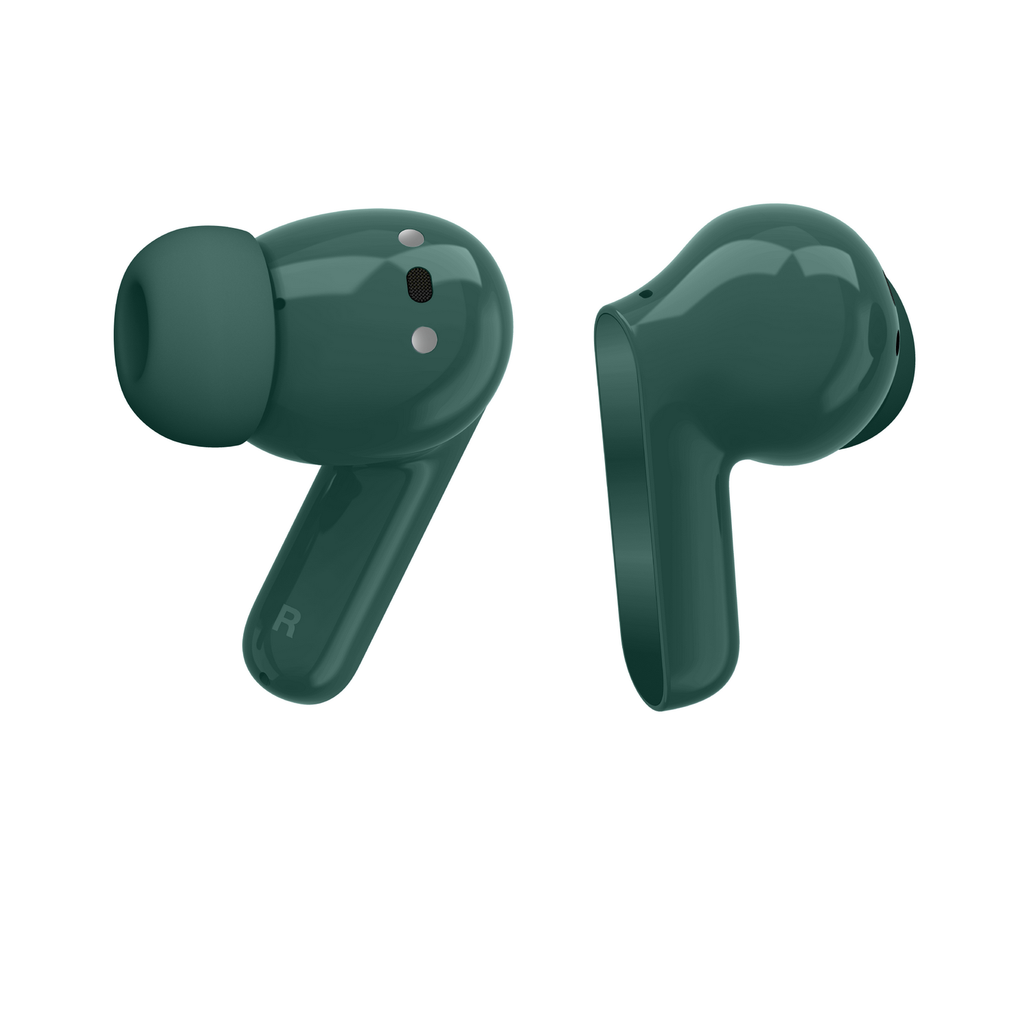 Dos auriculares inalámbricos verde oscuro sobre fondo blanco. Uno muestra una 'R'.